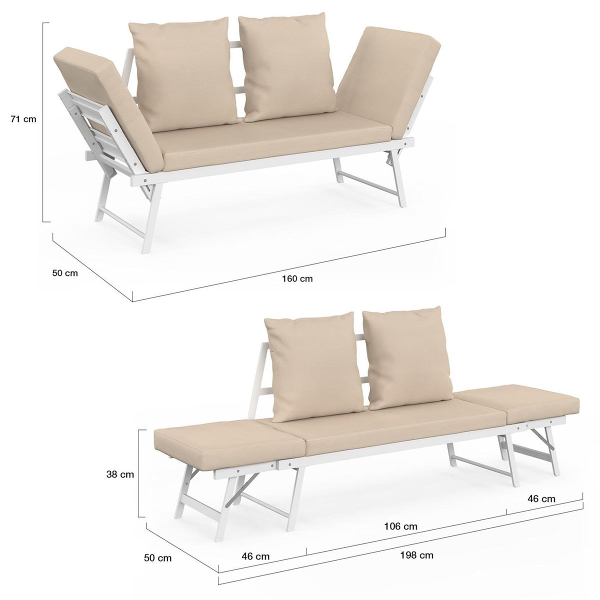 ID MARKET Canapé de jardin, banquette convertible NOLA 2/3 places avec accoudoirs inclinables métal blanc et coussins beige