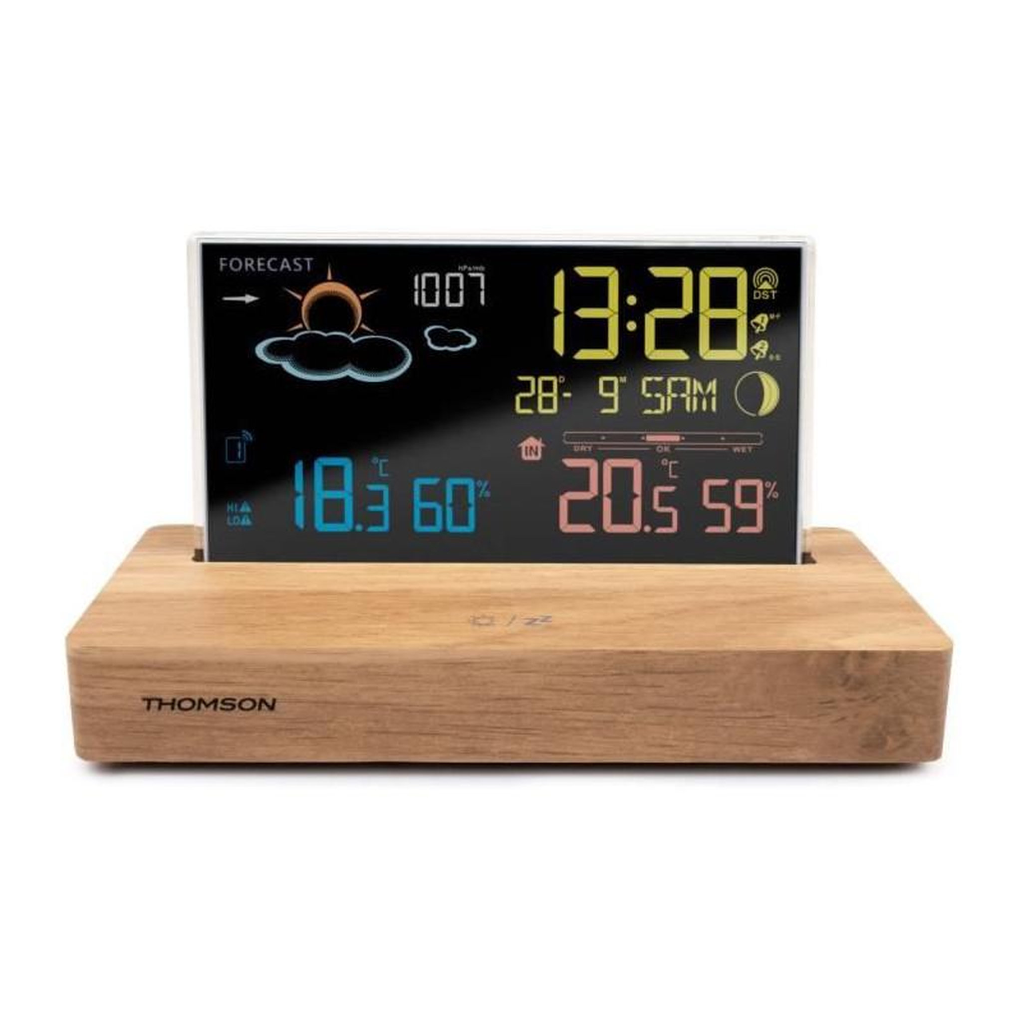 THOMSON Station météo thomson ct610 alarme double avec snooze, affichage 12/24h, température intérieure, hygrométrie, prévisions et phases de la lune, écran rétroéclairé 4 niveaux, bois foncé, sonde sans fil