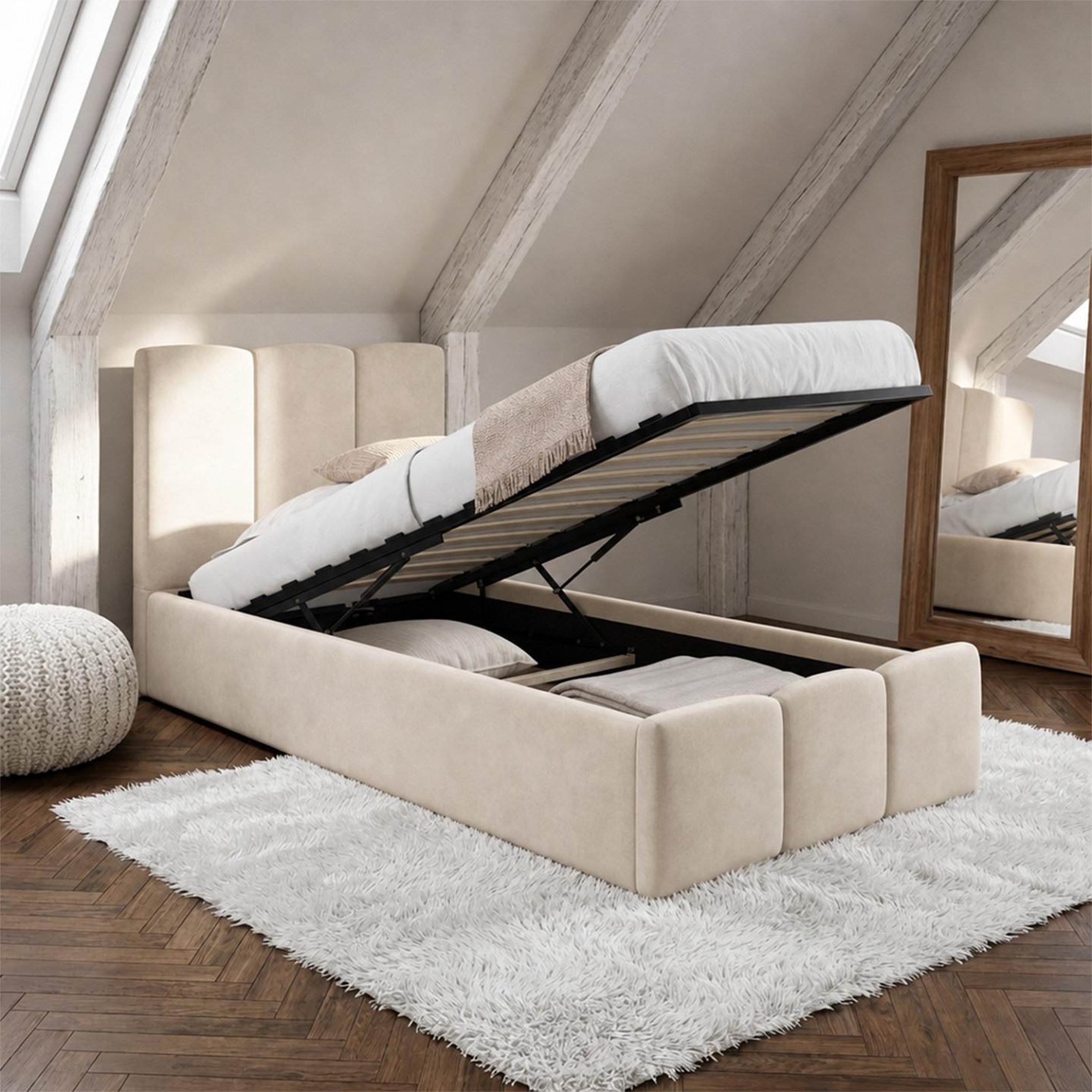 Voir la diapositive 2 : ID MARKET Lit coffre simple nuage avec tête de lit matelassée et sommier 90 x 190 cm velours beige