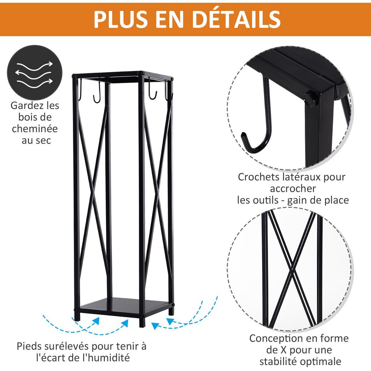 OUTSUNNY Serviteur de cheminée colonne - porte bûches - range bûches multi accessoires dim. 34L x 34l x 111H cm métal noir