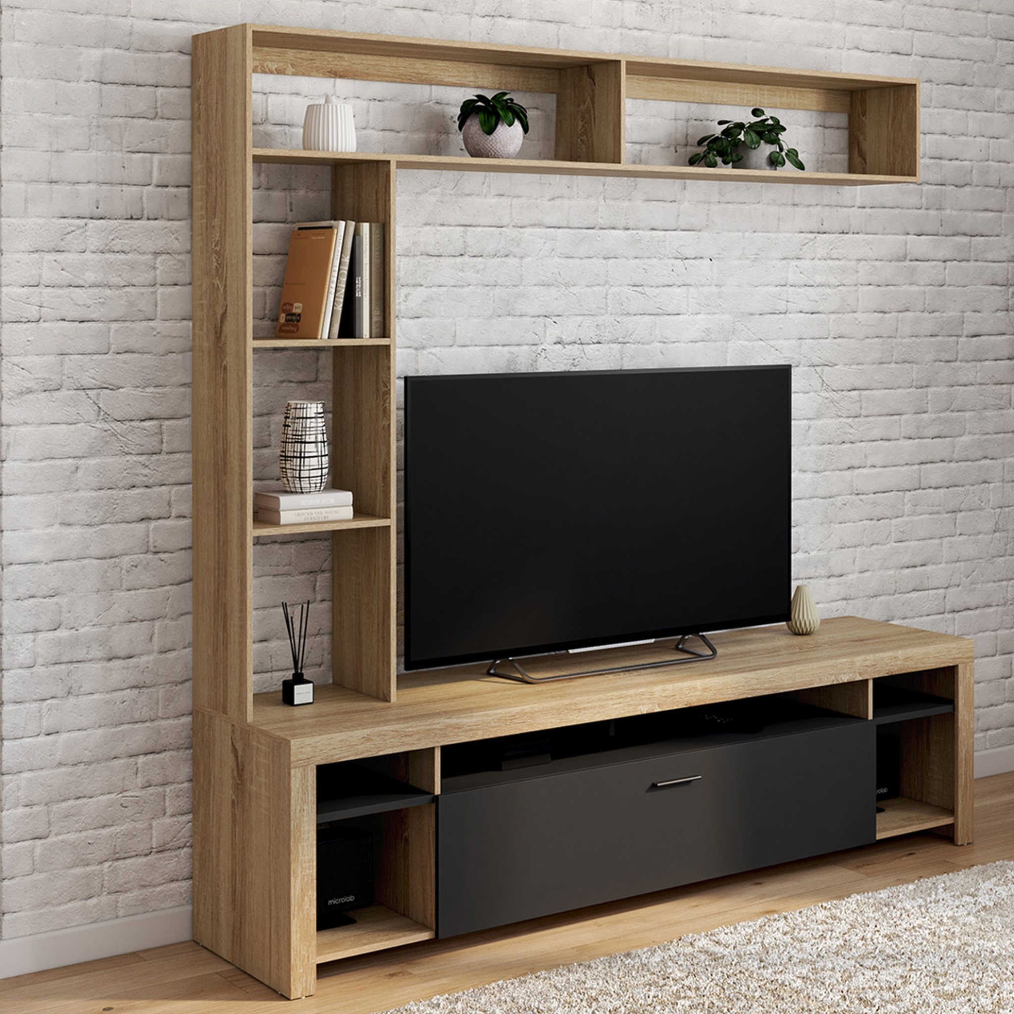 Voir la diapositive 2 : ID MARKET Ensemble meuble tv et étagères 170 cm malo bois et placard noir