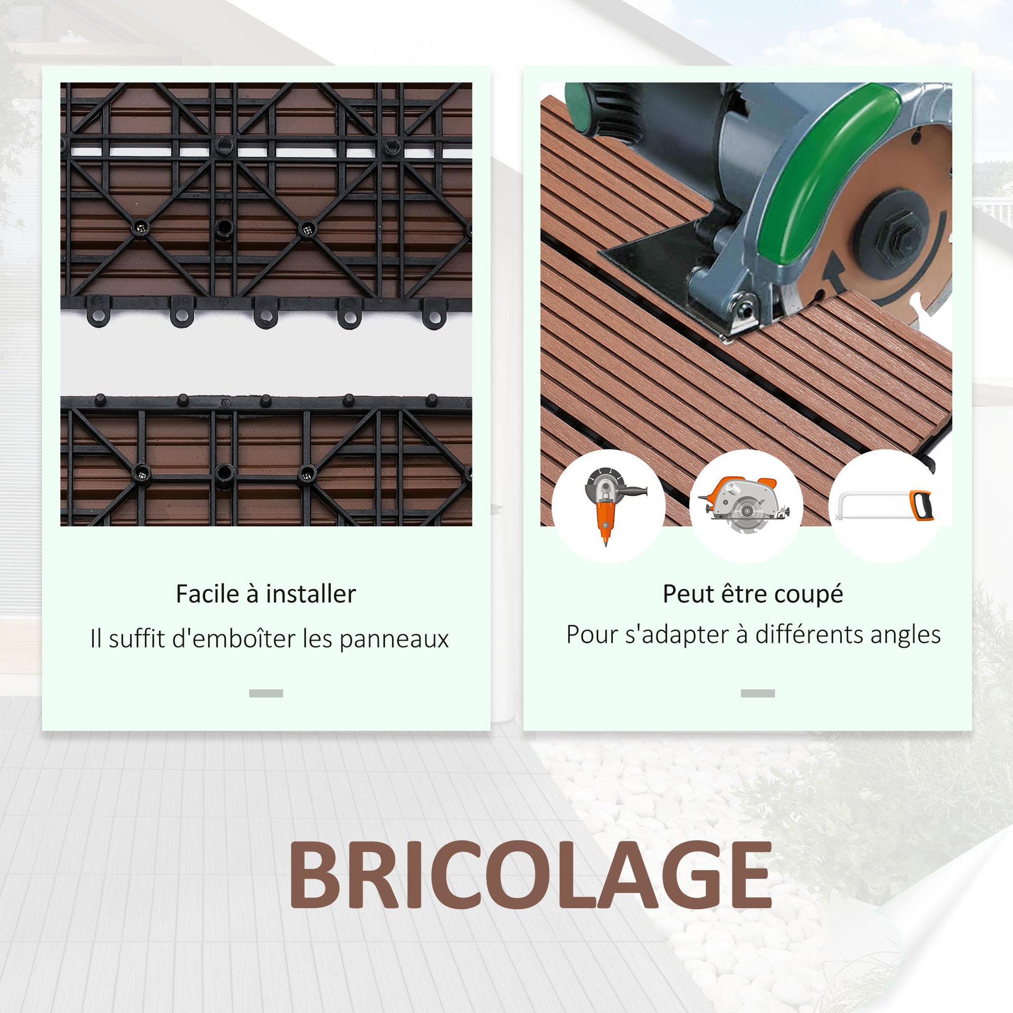 Voir la diapositive 6 : OUTSUNNY Lot de 11 dalles de jardin piscine 30 x 30 x 2,2 cm - clipsables, antidérapantes - HDPE effet bois