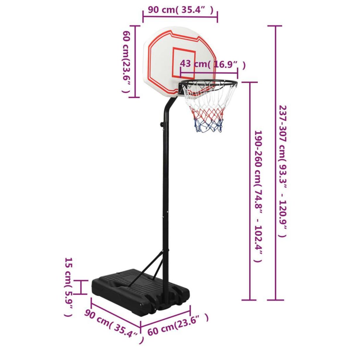 VIDAXL Support de basket-ball Blanc 237-307 cm Polyethylene