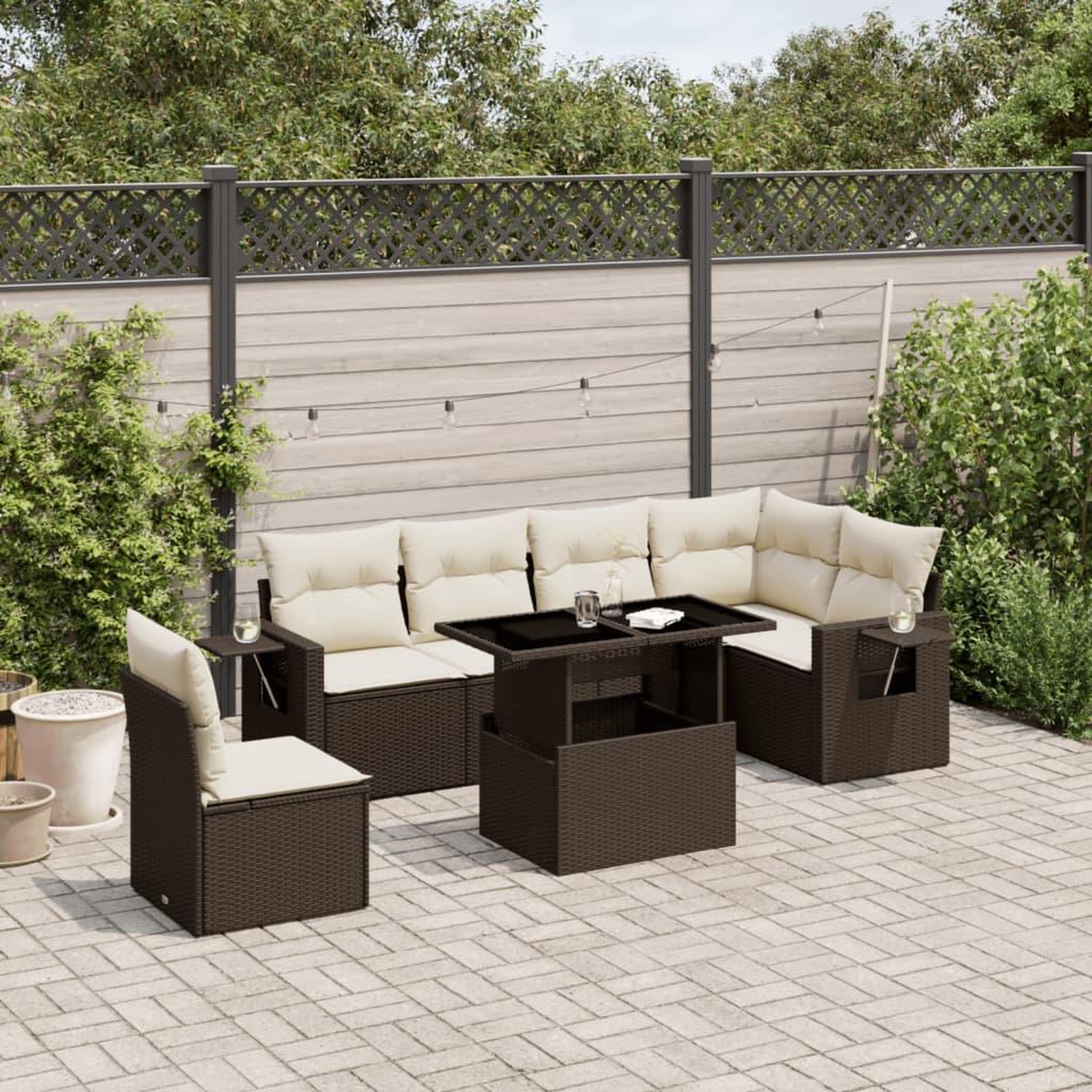 VIDAXL Salon de jardin avec coussins 7 pcs marron resine tressee