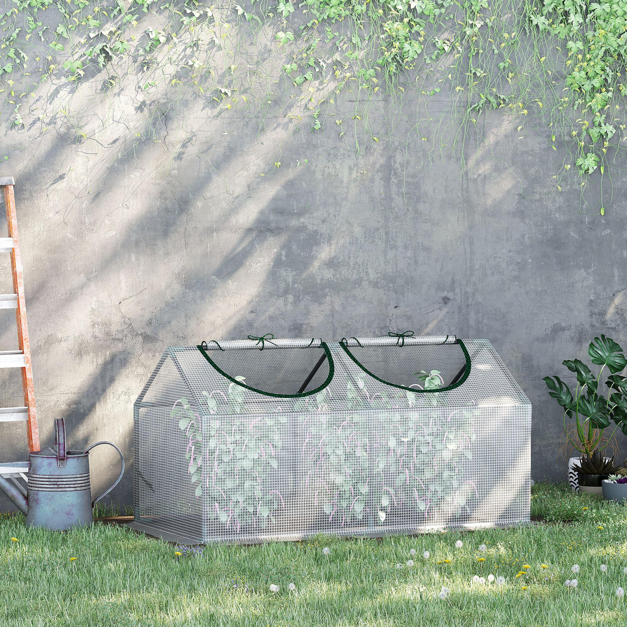 Voir la diapositive 4 : OUTSUNNY Mini serre de jardin serre à tomates 120 x 60 x 60 cm 2 fenêtres zippées enroulables acier thermolaqué pe haute densité blanc