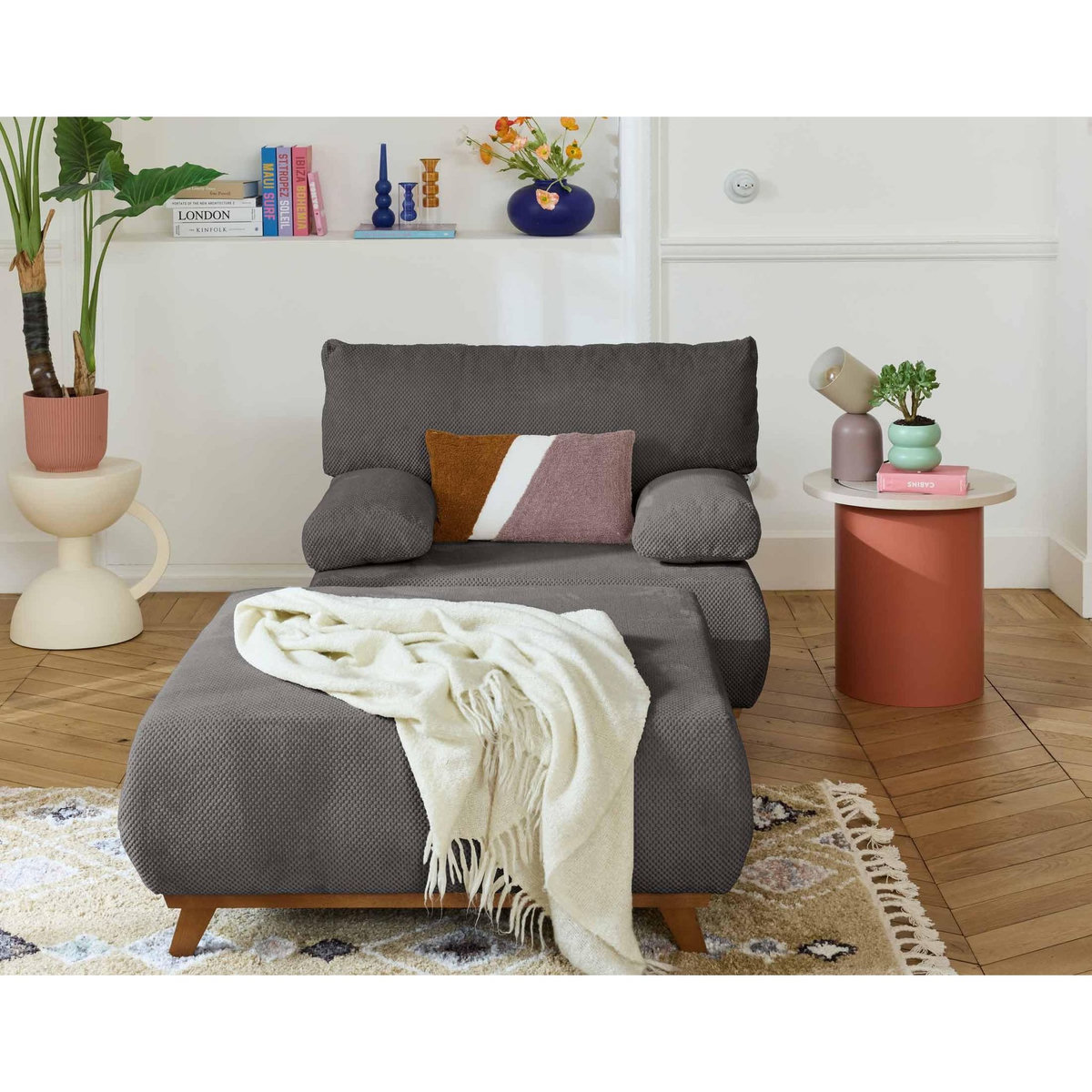 BEST MOBILIER Cristal - fauteuil - convertible avec coffre et grand pouf - en velours texturé