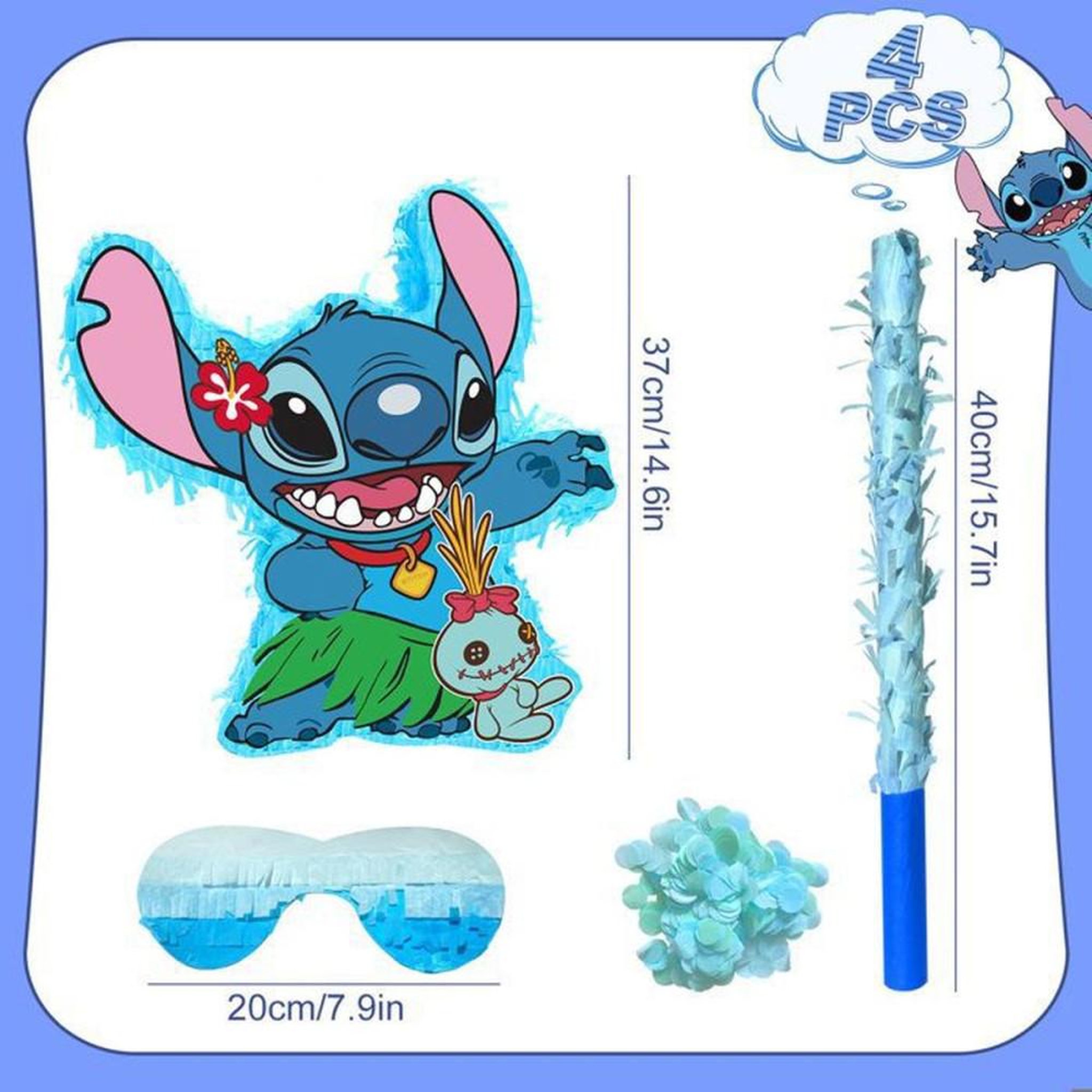 Voir la diapositive 2 : Piñata Stitch multicolore pour fête enfant avec masque et bâton, décorations Disney, franges festives, à remplir, 37 x 20 cm