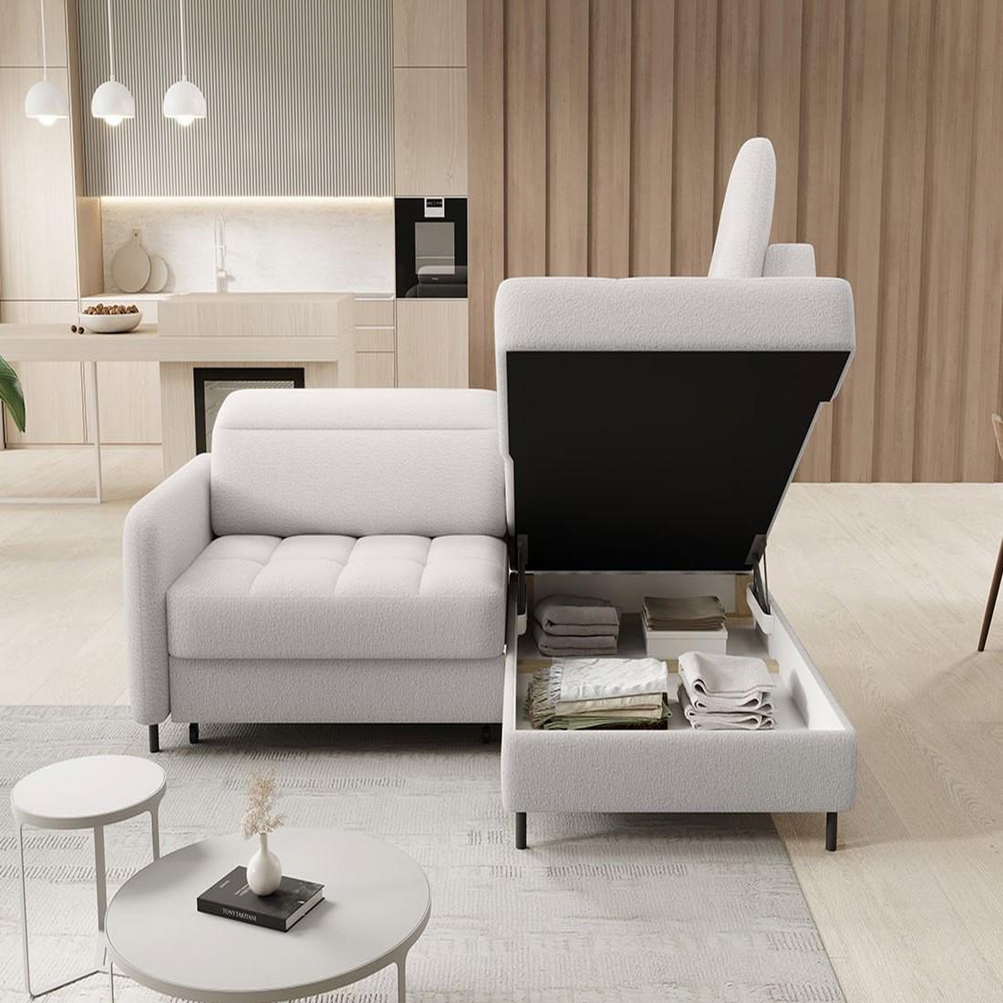 Voir la diapositive 2 : BEST MOBILIER Kalibo - canapé d'angle droit - 5 places - convertible avec coffre et têtières - en tissu bouclette