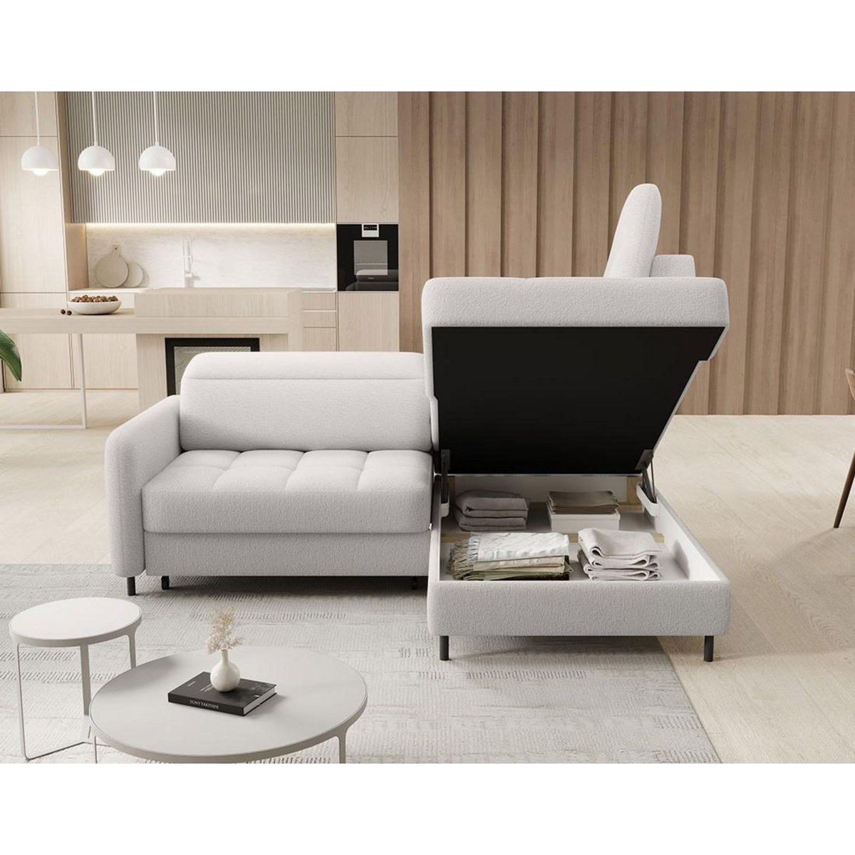 BEST MOBILIER Kalibo - canapé d'angle droit - 5 places - convertible avec coffre et têtières - en tissu bouclette