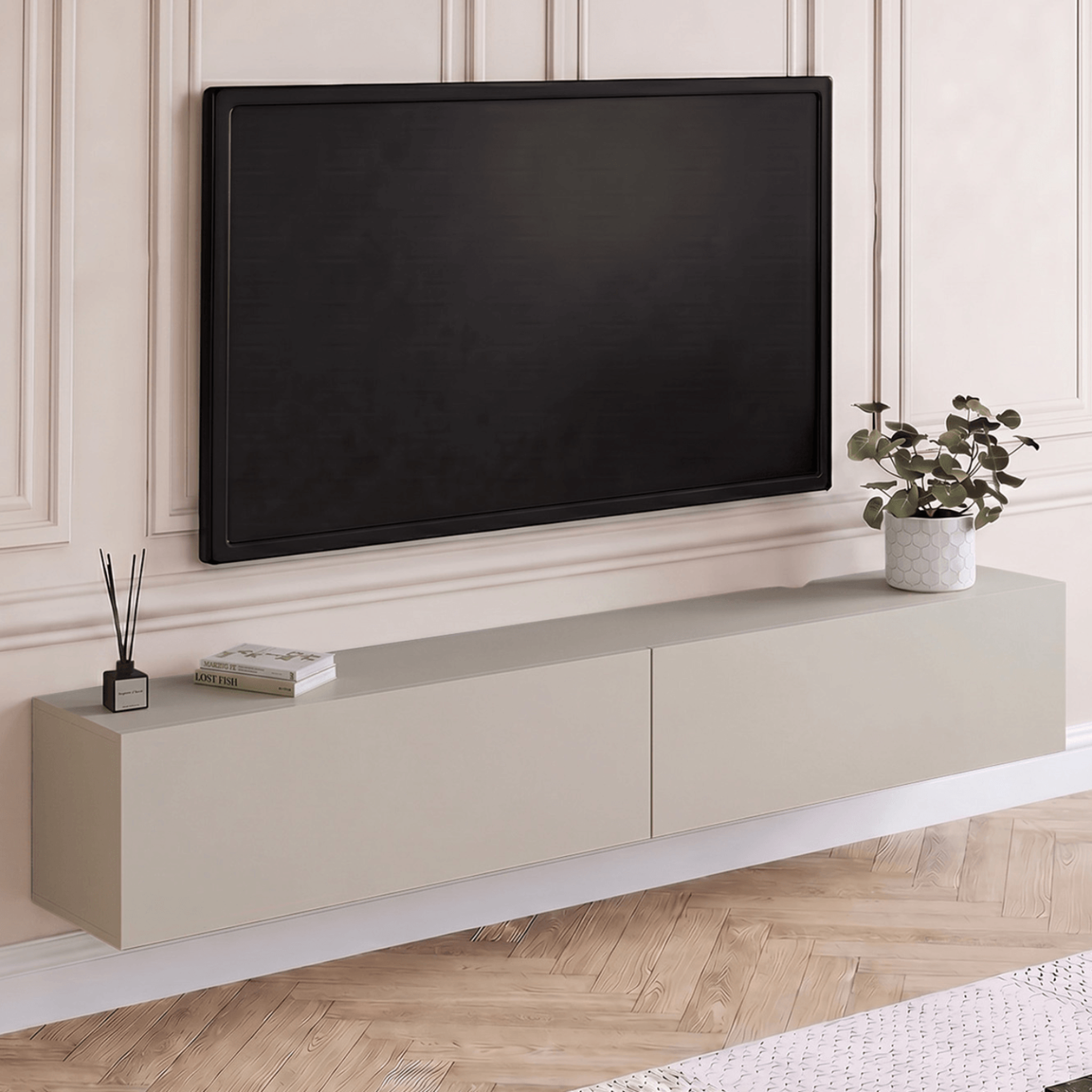 Voir la diapositive 2 : ID MARKET Meuble tv 180 cm suspendu elio 2 portes beige