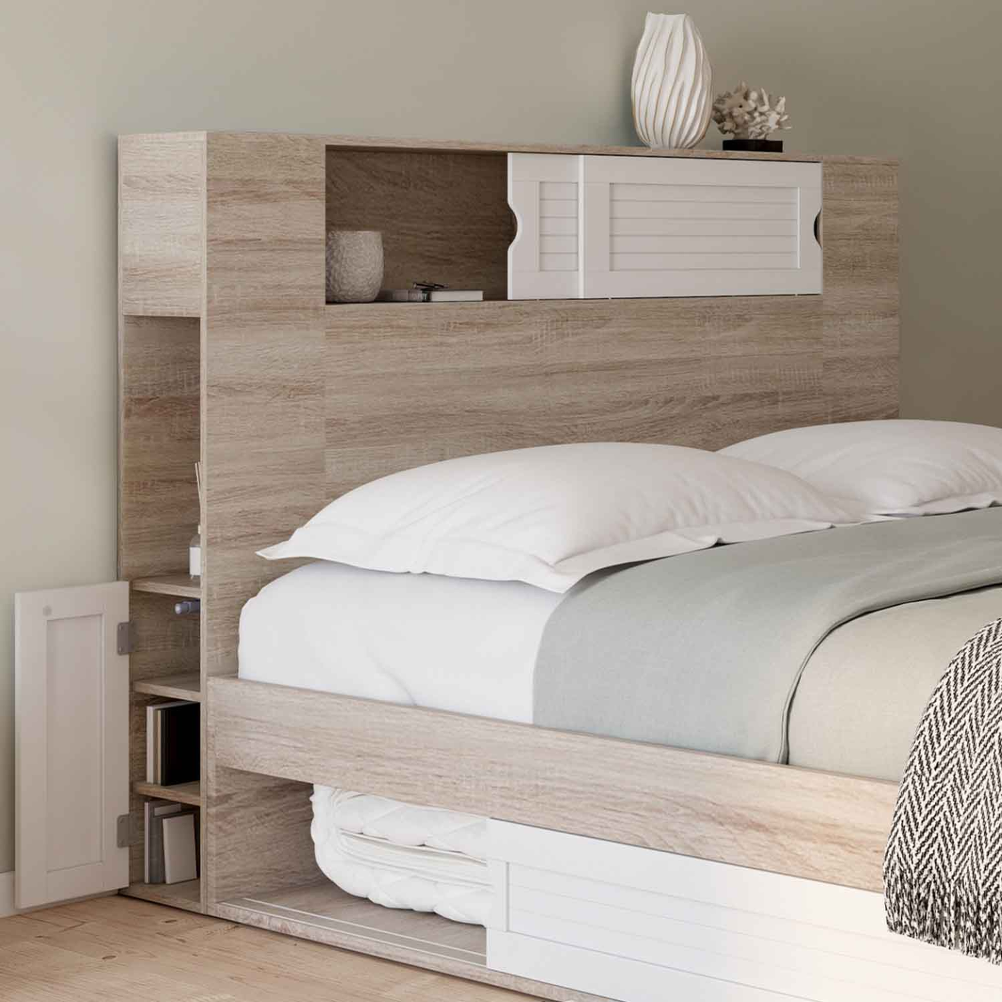 Voir la diapositive 2 : ID MARKET Tête de lit sur pied salem 145 cm avec rangements fermés et niches bois et blanc