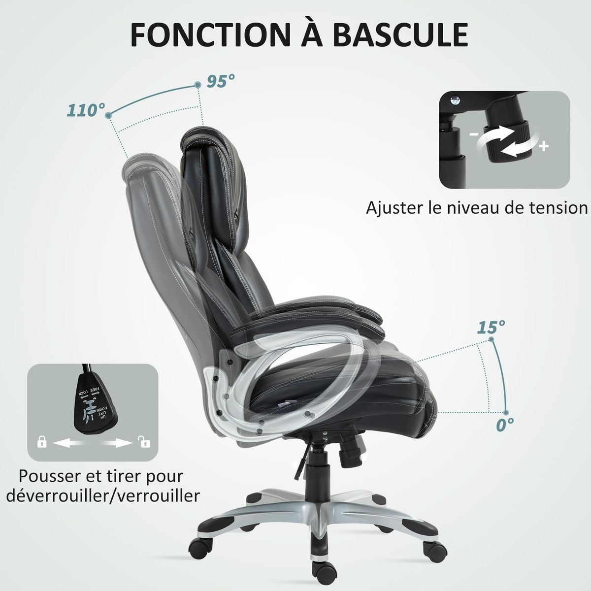 HOMCOM Chaise de bureau direction réglable grand confort - fonction bascule verrouillable - synthétique noir