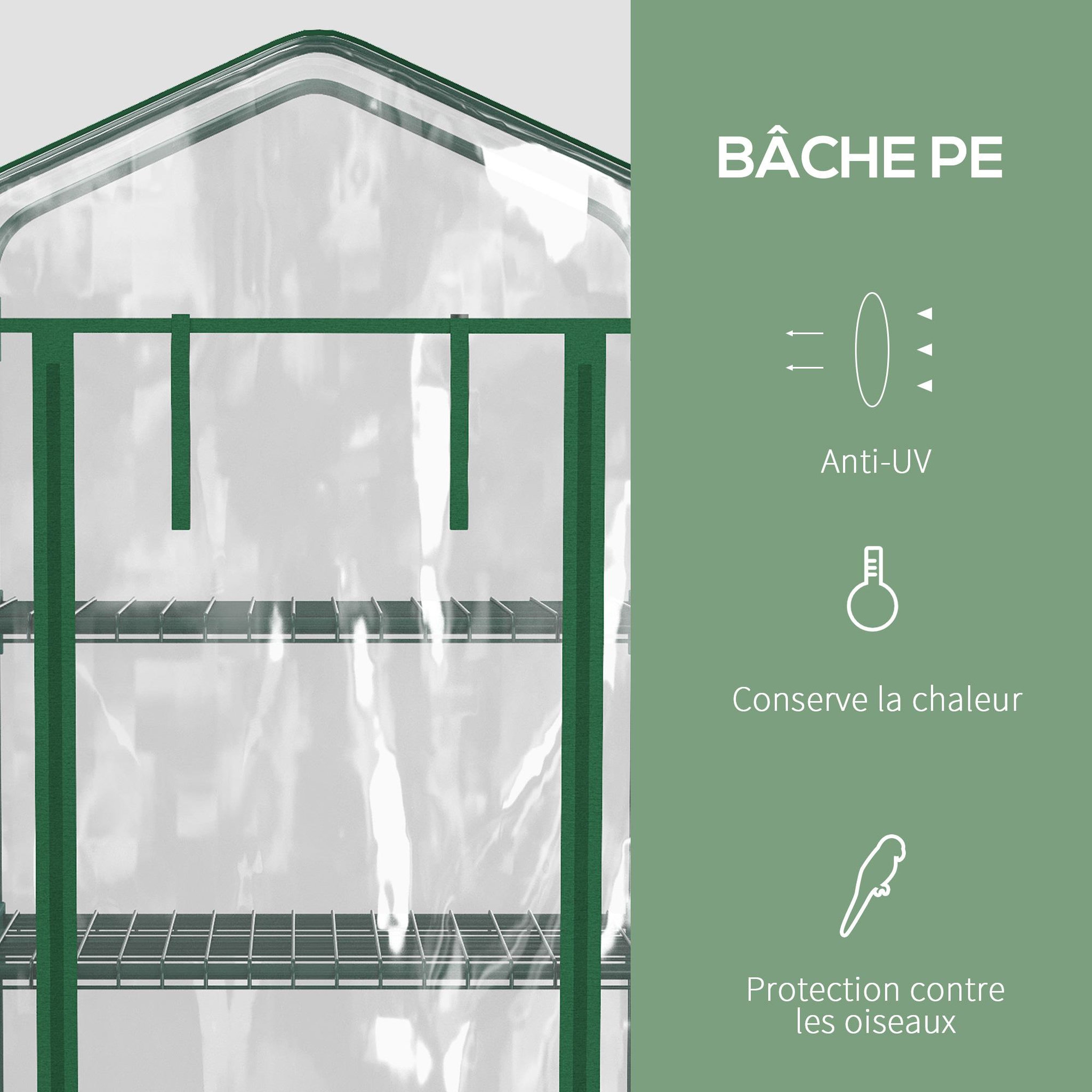 Voir la diapositive 4 : OUTSUNNY Serre de jardin balcon sur roulettes 4 étagères dim. 0,69l x 0,5l x 1,65h m acier thermolaqué bâche pvc porte zippée transparente