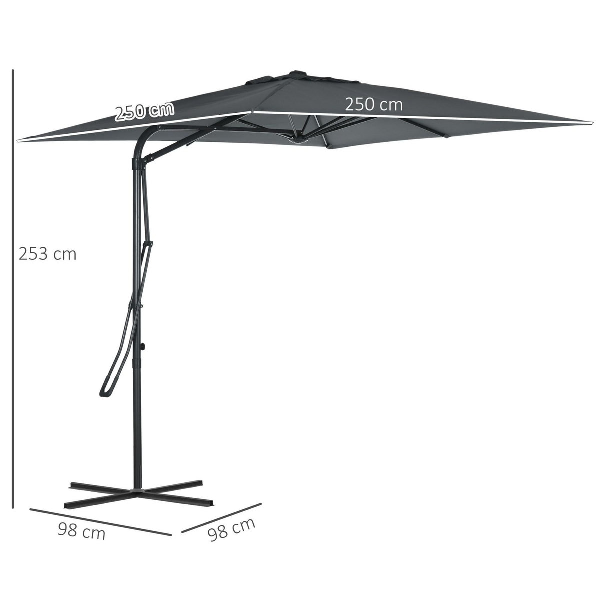 OUTSUNNY Parasol déporté carré dim. 2,5 x 2,5 m piètement inclus métal époxy polyester haute densité anthracite