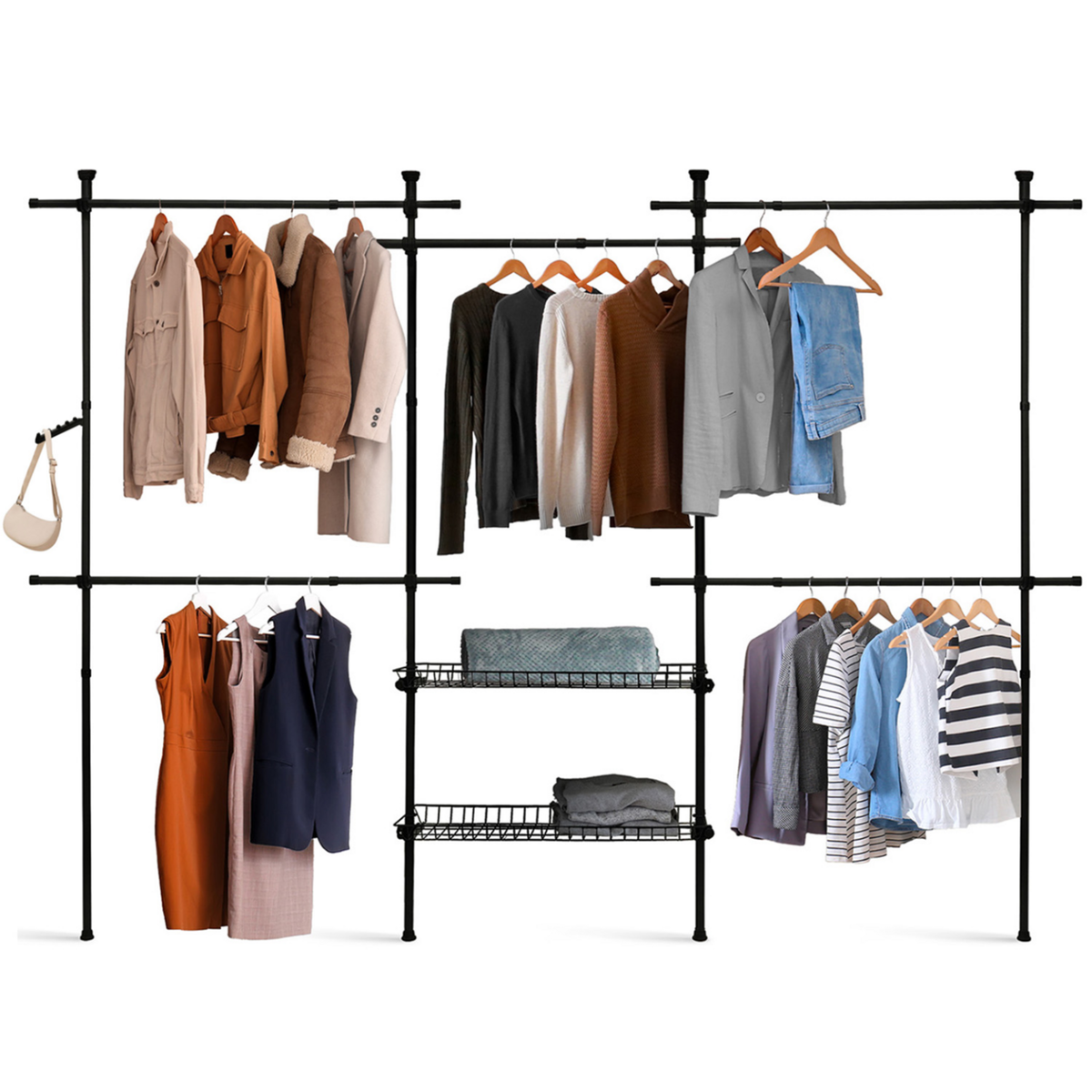 ID MARKET Dressing penderie télescopique extensible ELIOT 209/305 cm 5 penderies + 2 paniers en métal noir