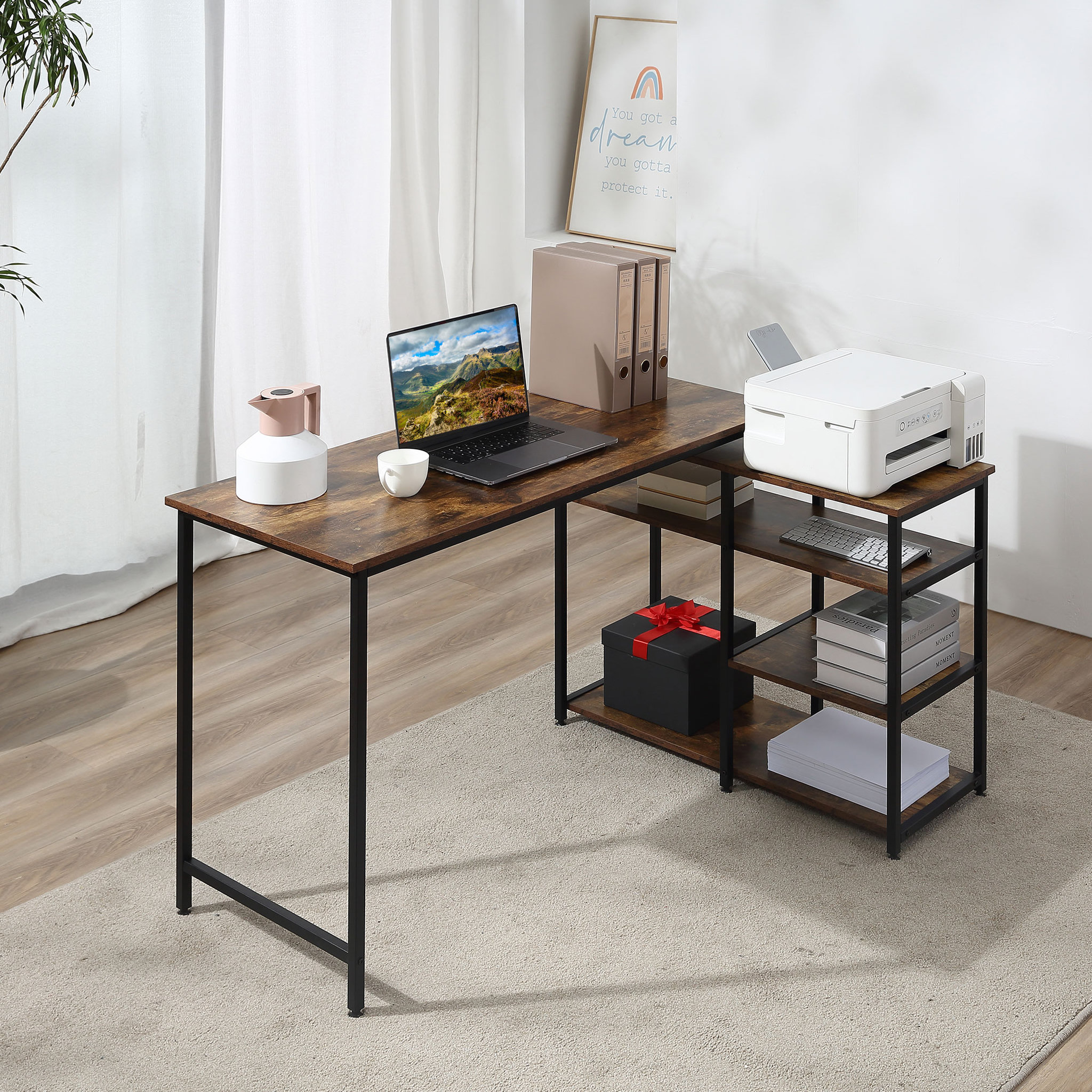 Voir la diapositive 2 : HOMCOM Bureau informatique design industriel bureau d'angle 3 étagères aspect vieux bois métal noir