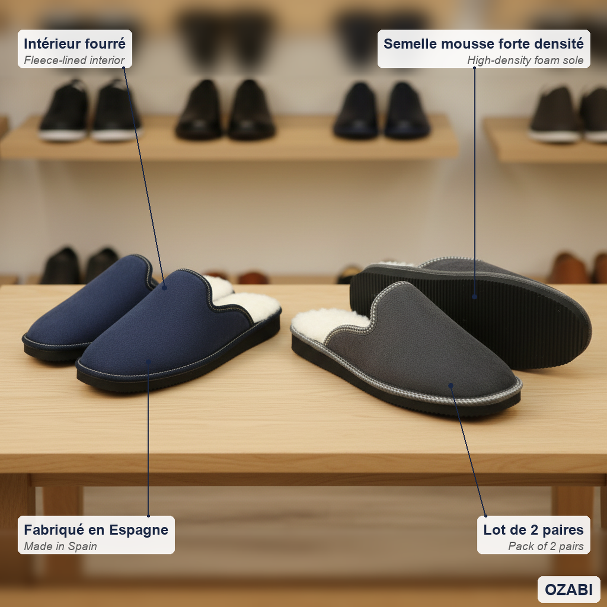 Voir la diapositive 5 : OZABI Ozabi pack de 2 paires pantoufles mules homme fabriquées en espagne
