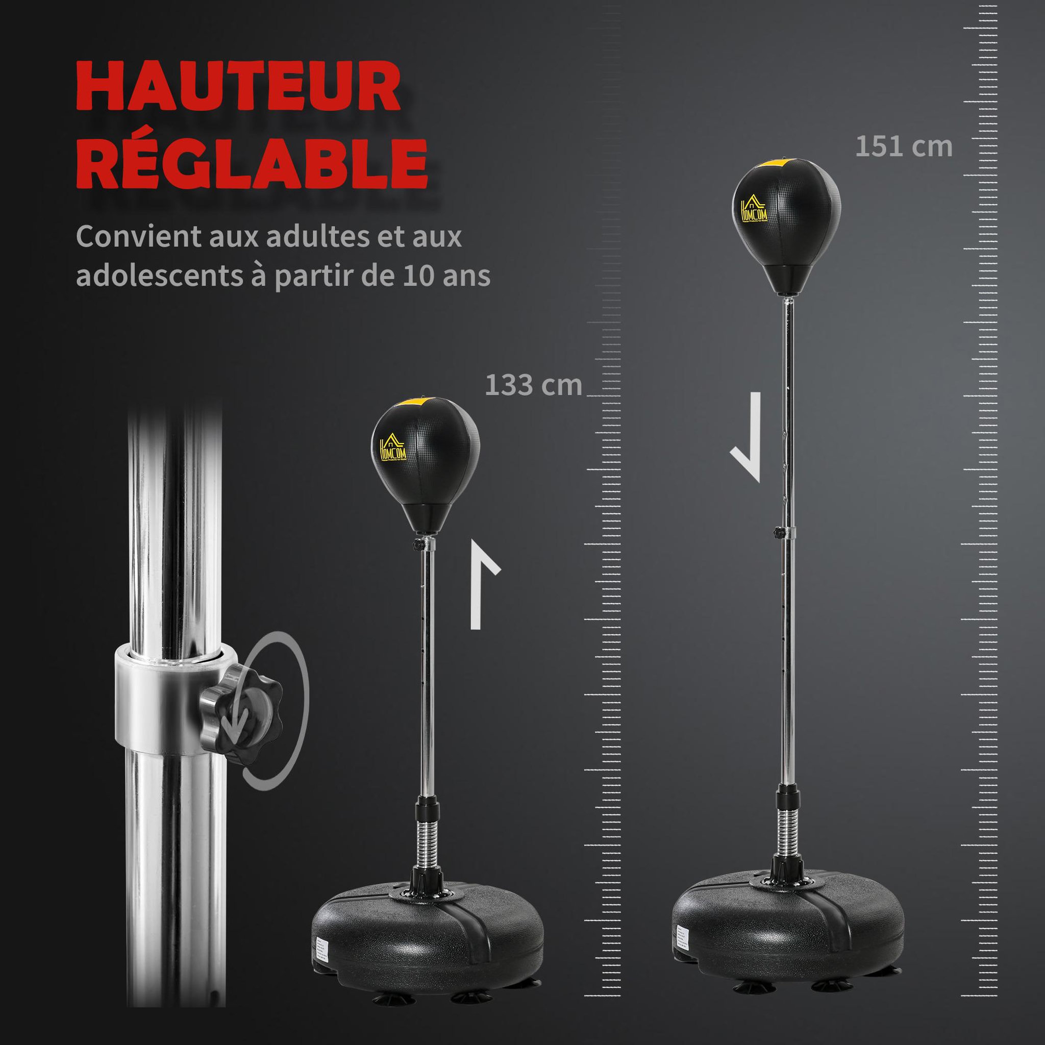 Voir la diapositive 4 : HOMCOM Punching ball sur pied hauteur réglable h.133 -151cm - ressort central, socle ventouses - accessoires - jaune noir