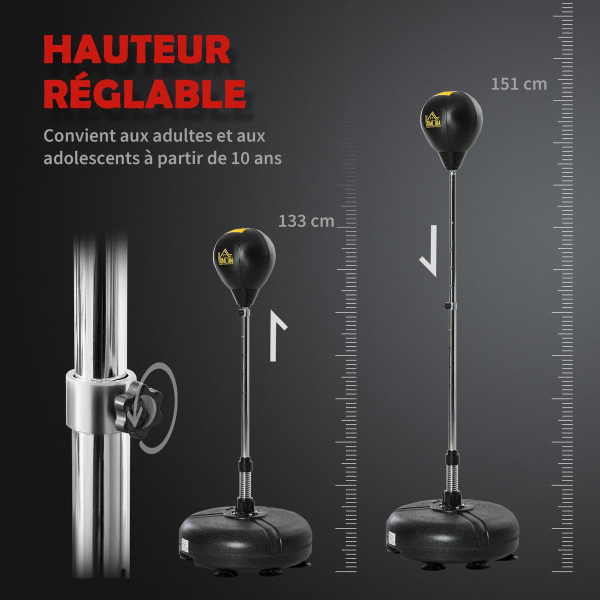 HOMCOM Punching ball sur pied hauteur réglable H.133 -151cm - ressort central, socle ventouses - accessoires - jaune noir