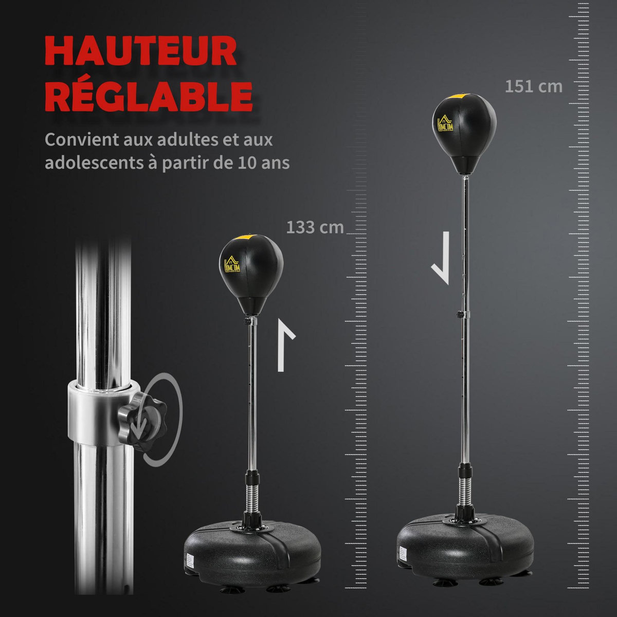HOMCOM Punching ball sur pied hauteur réglable H.133 -151cm - ressort central, socle ventouses - accessoires - jaune noir