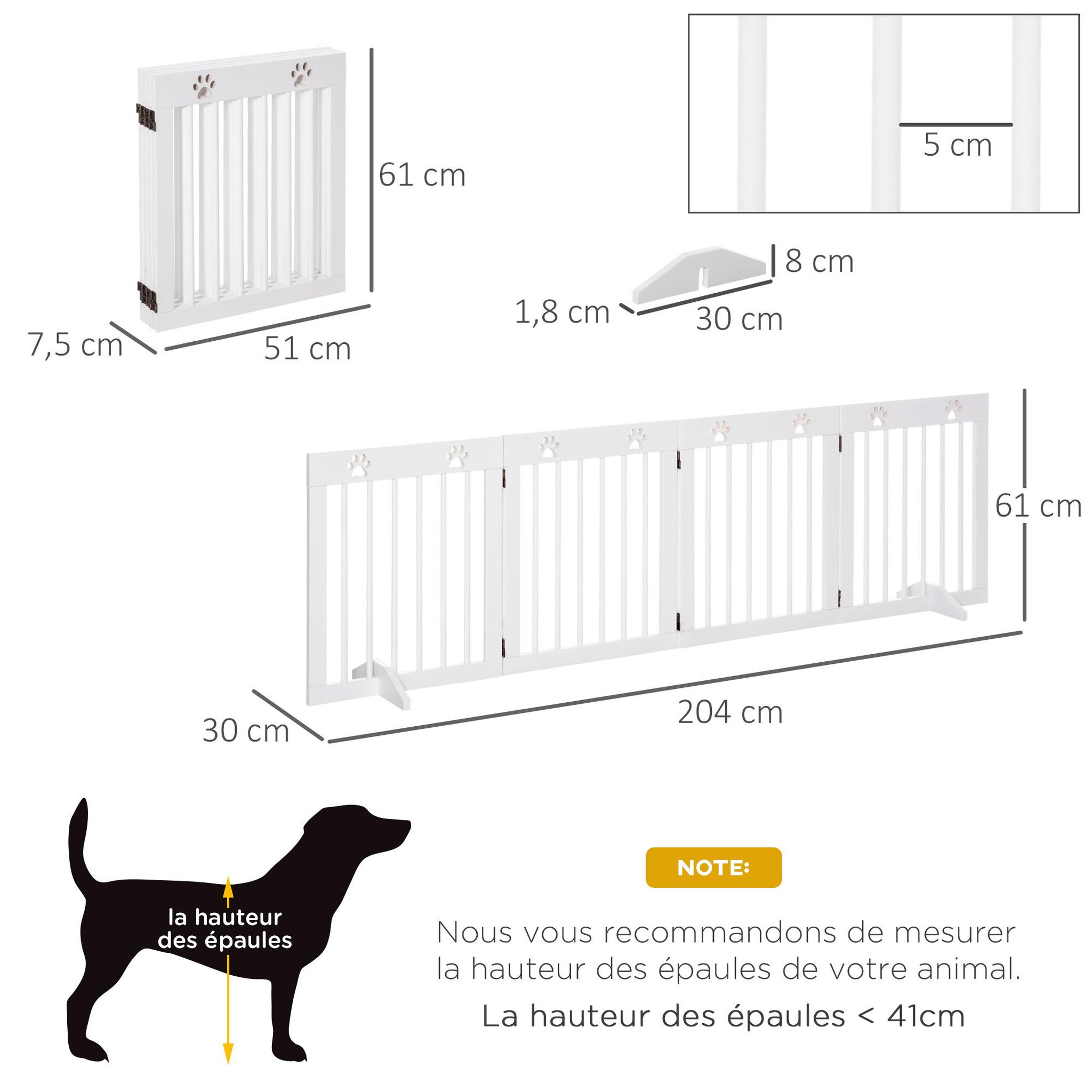 Voir la diapositive 3 : PAWHUT Barrière de sécurité pour animaux - barrière modulable pliable 4 panneaux - motif patte - 2 pieds support - bois de pin blanc