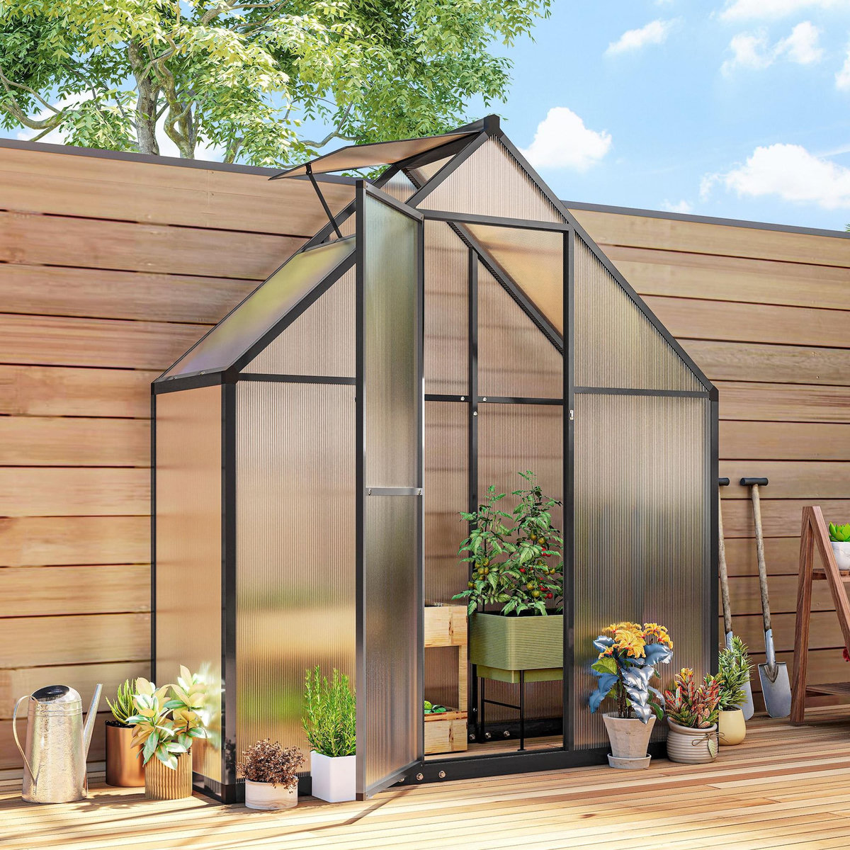 OUTSUNNY Serre de jardin alu polycarbonate - porte, lucarne - 1,7 x 0,58 x 1,95 m - noir