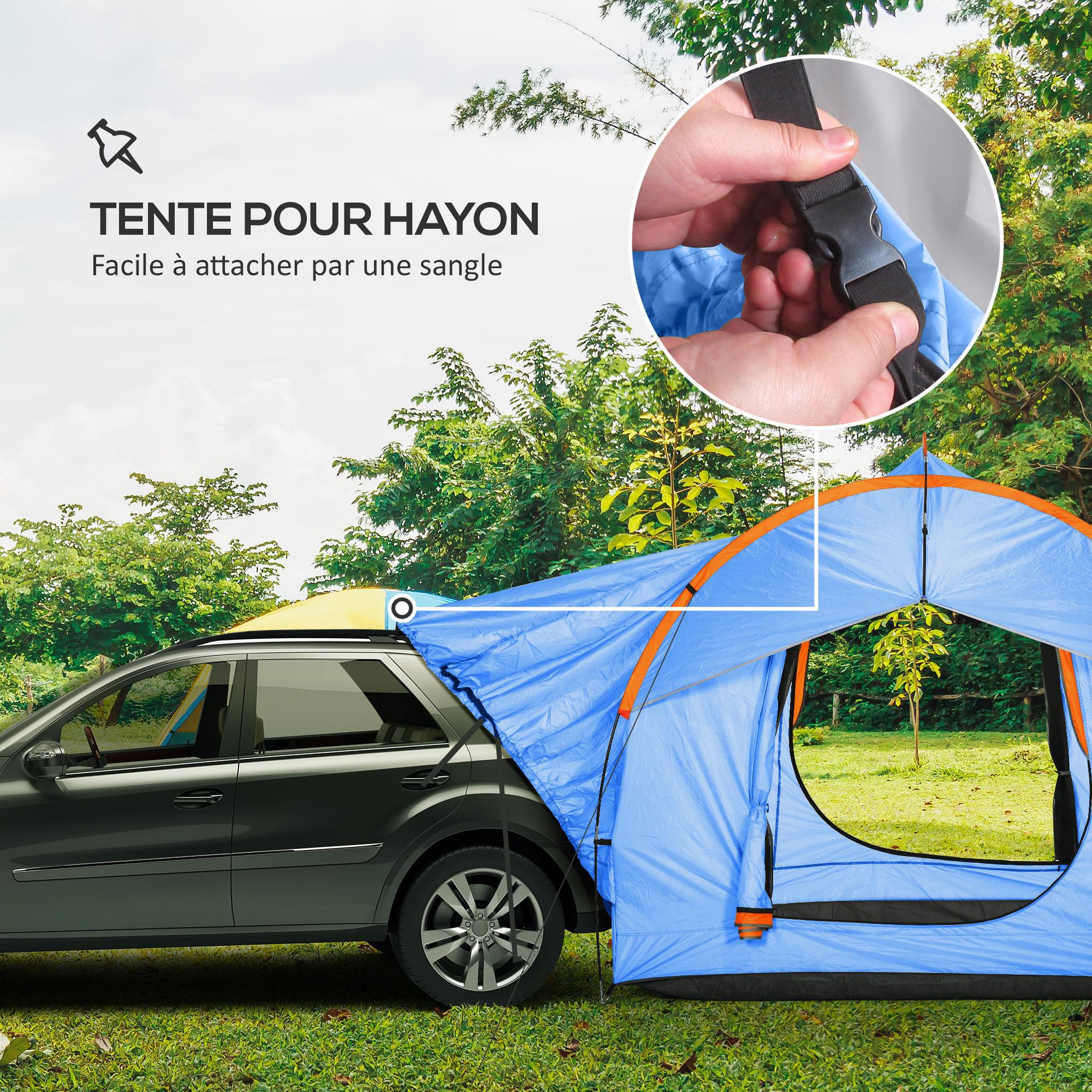 Voir la diapositive 4 : OUTSUNNY Tente arrière hayon véhicule 4 personnes - auvent pour voiture 3 portes et fenêtre en maille - bleu