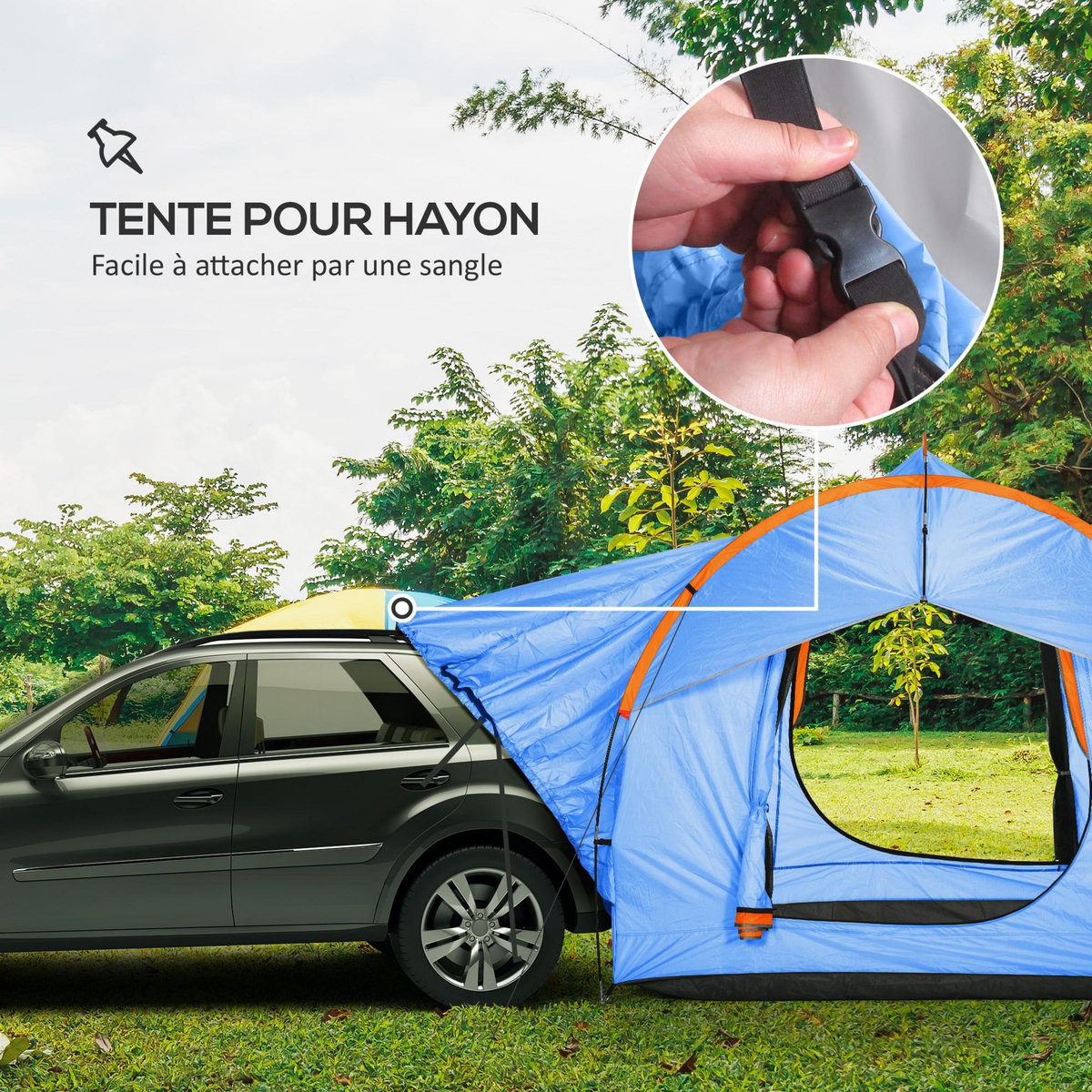 OUTSUNNY Tente arrière hayon véhicule 4 personnes - auvent pour voiture 3 portes et fenêtre en maille - bleu