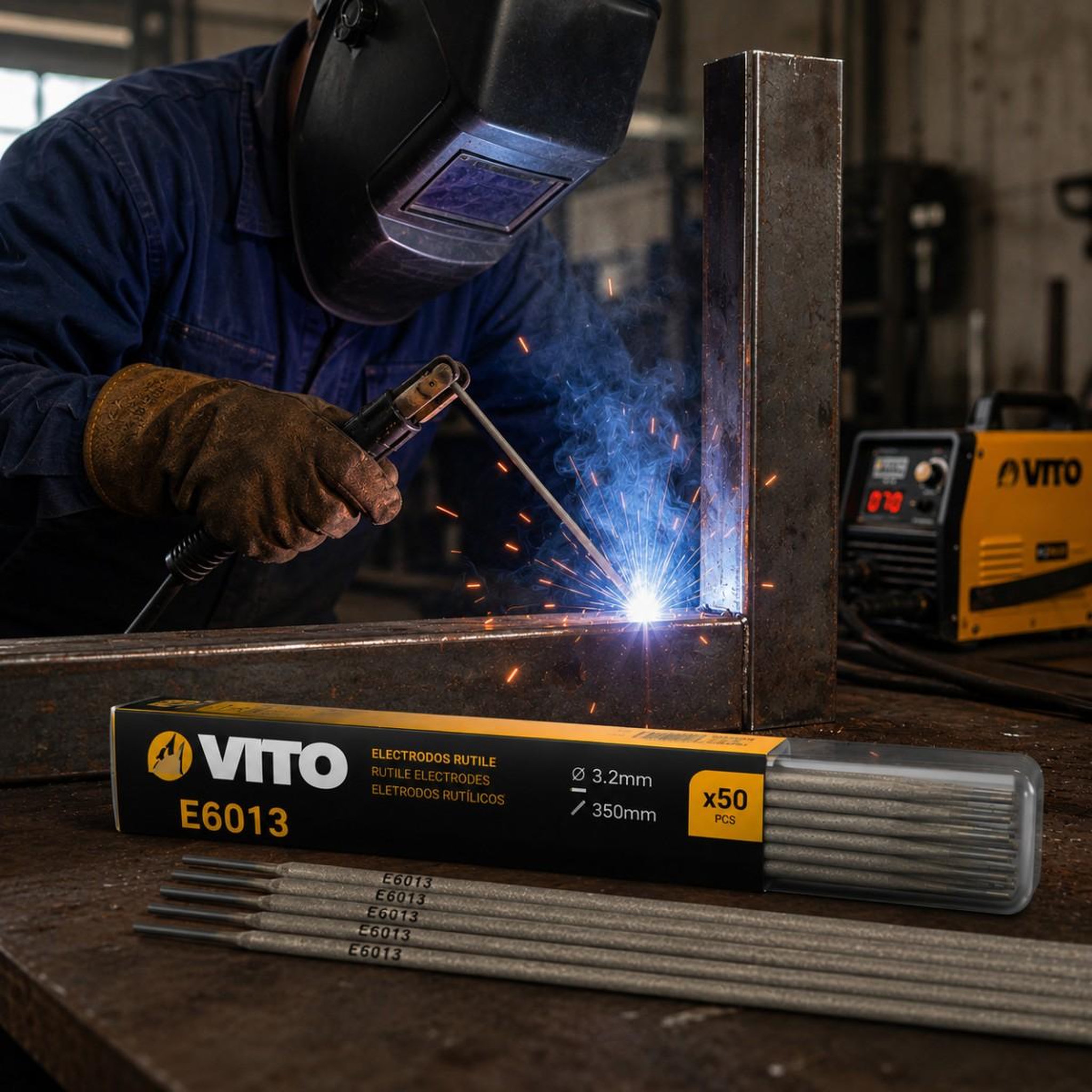 Voir la diapositive 2 : VITO Lot 50 electrodes rutiles 3.2x350mm e6013 soudure ac/dc acier au carbone amorçage facile arc stable réparation serrurerie vito