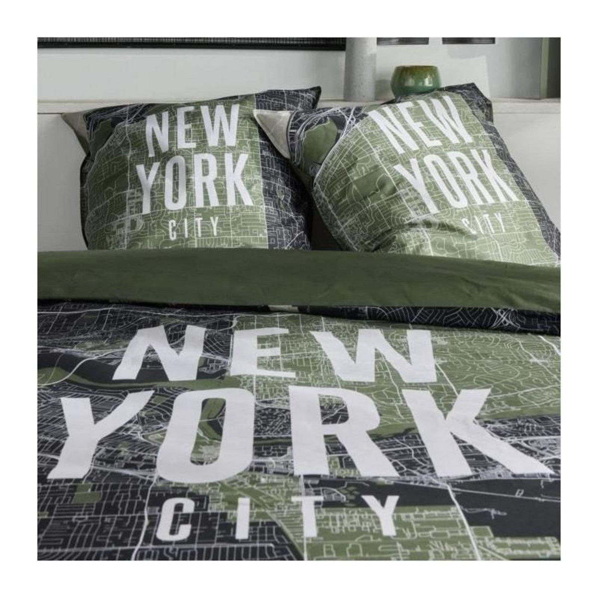 Today Parure de lit - TODAY - JAVA - 2 personnes - 240x220 cm - Coton - Imprimé New York - Vert