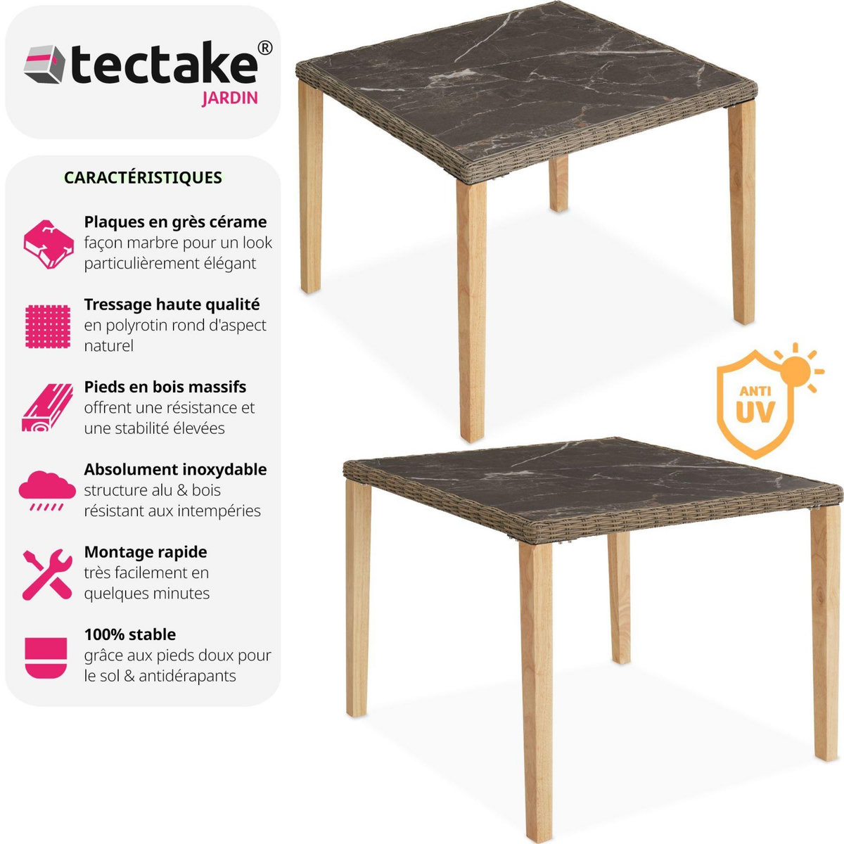 tectake Table en rotin avec cadre en aluminium et bois marron naturel