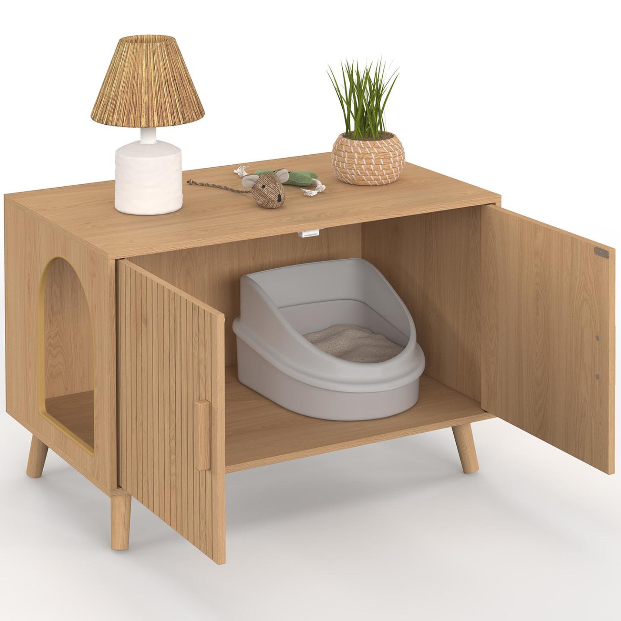 ID MARKET Maison de toilette chat cache-litière juliette avec doubles portes lattes tasseau bois coloris chêne