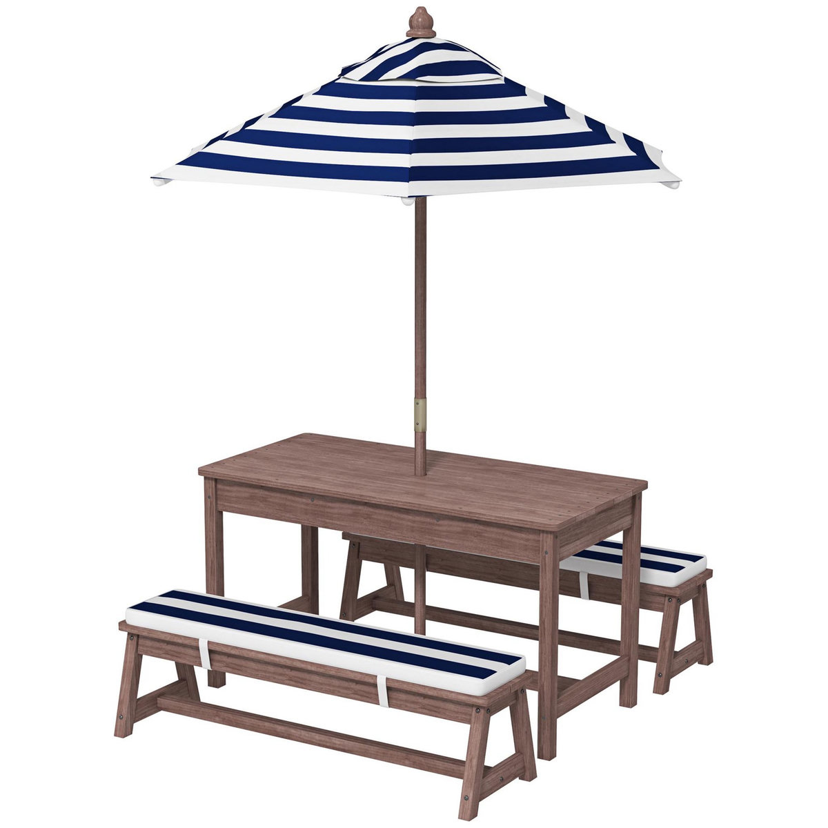 HOMCOM Table pique-nique enfant - ensemble salon de jardin enfant - 2 bancs, coussins et parasol - bois brun