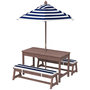 Voir la diapositive 1 : HOMCOM Table pique-nique enfant - ensemble salon de jardin enfant - 2 bancs, coussins et parasol - bois brun