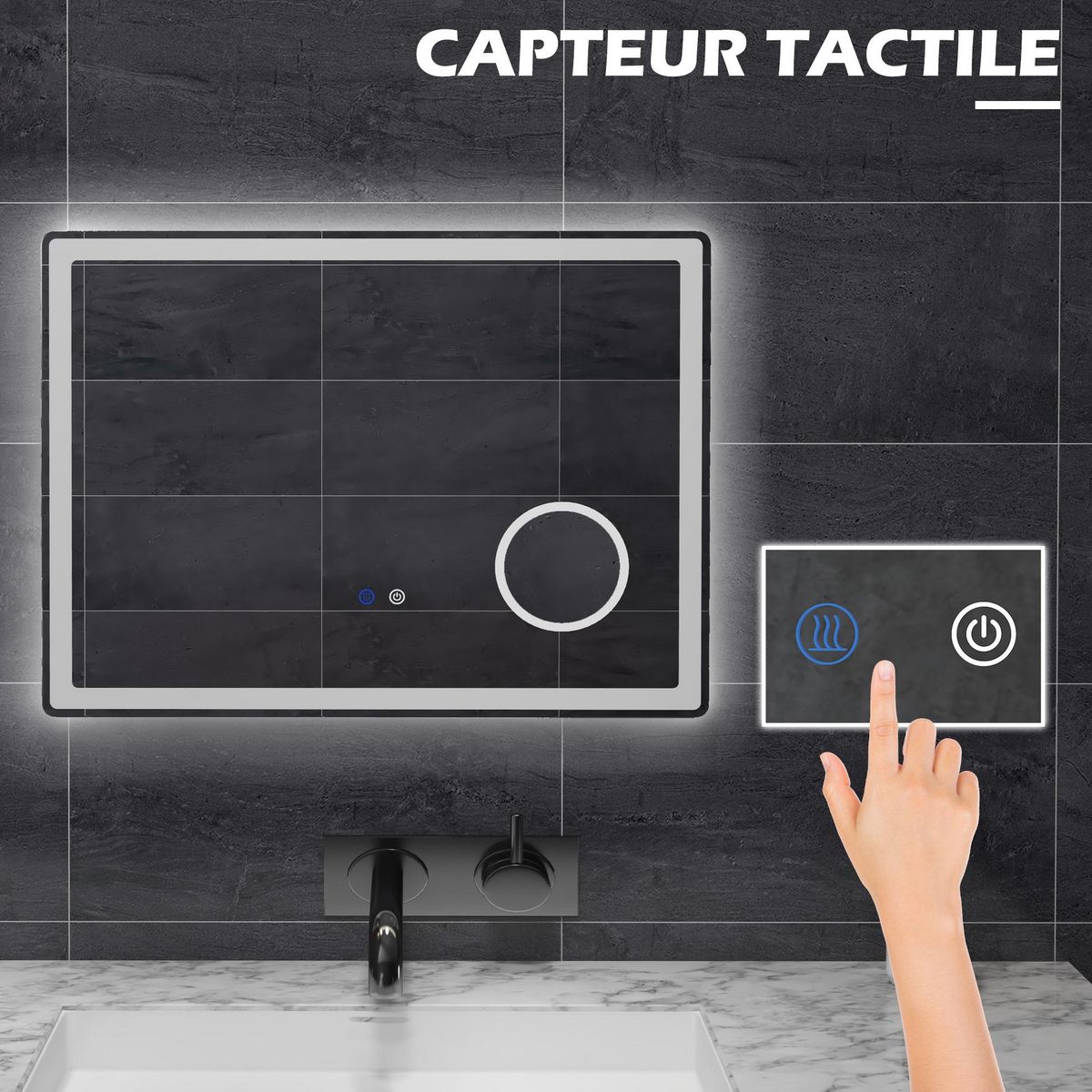 KLEANKIN Miroir lumineux LED salle de bain dim. 80L x 60H cm anti-buée grossissant x3 réglable fonction mémoire