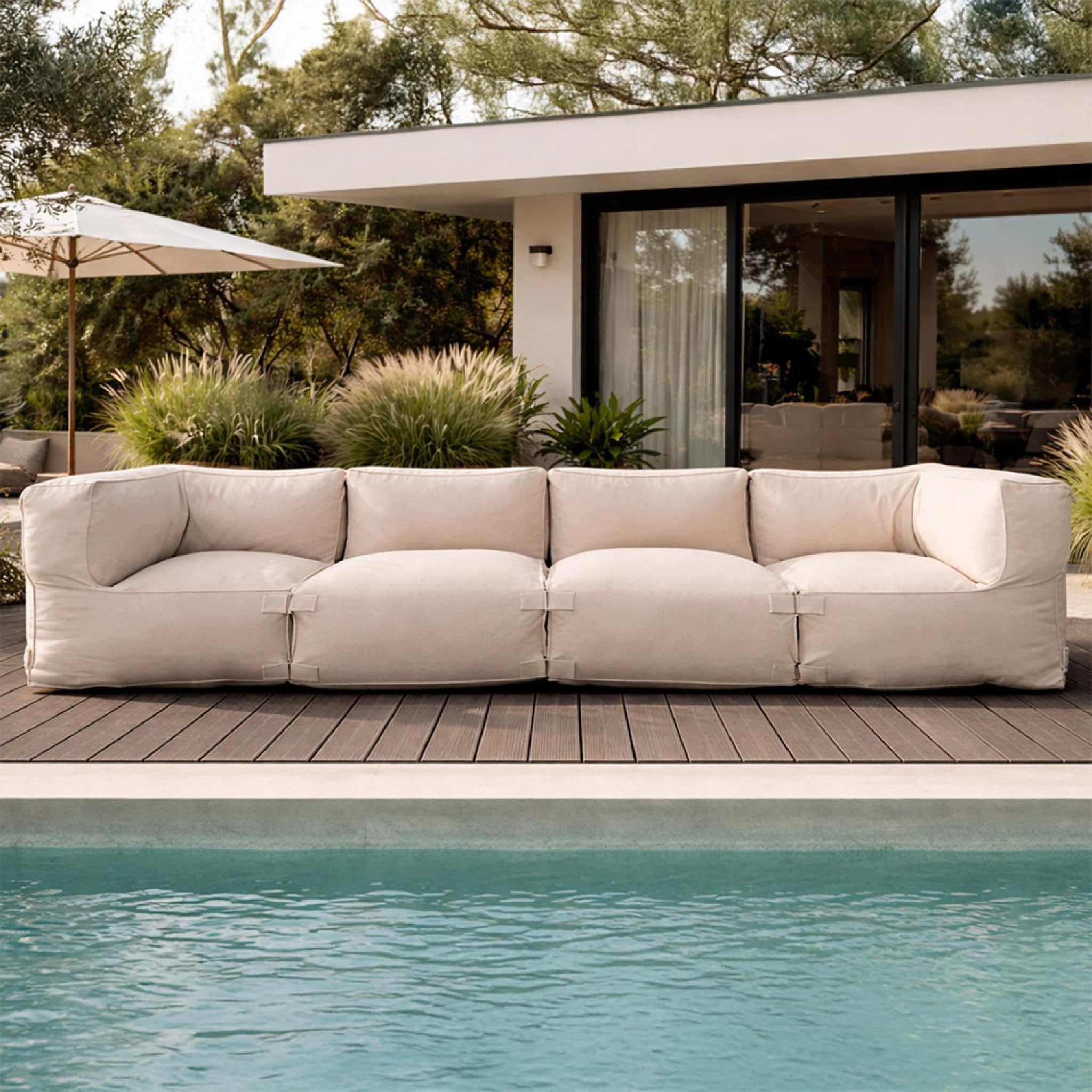Voir la diapositive 5 : CONCEPT USINE Salon de jardin modulable 4 places beige en tissu déperlant praiano