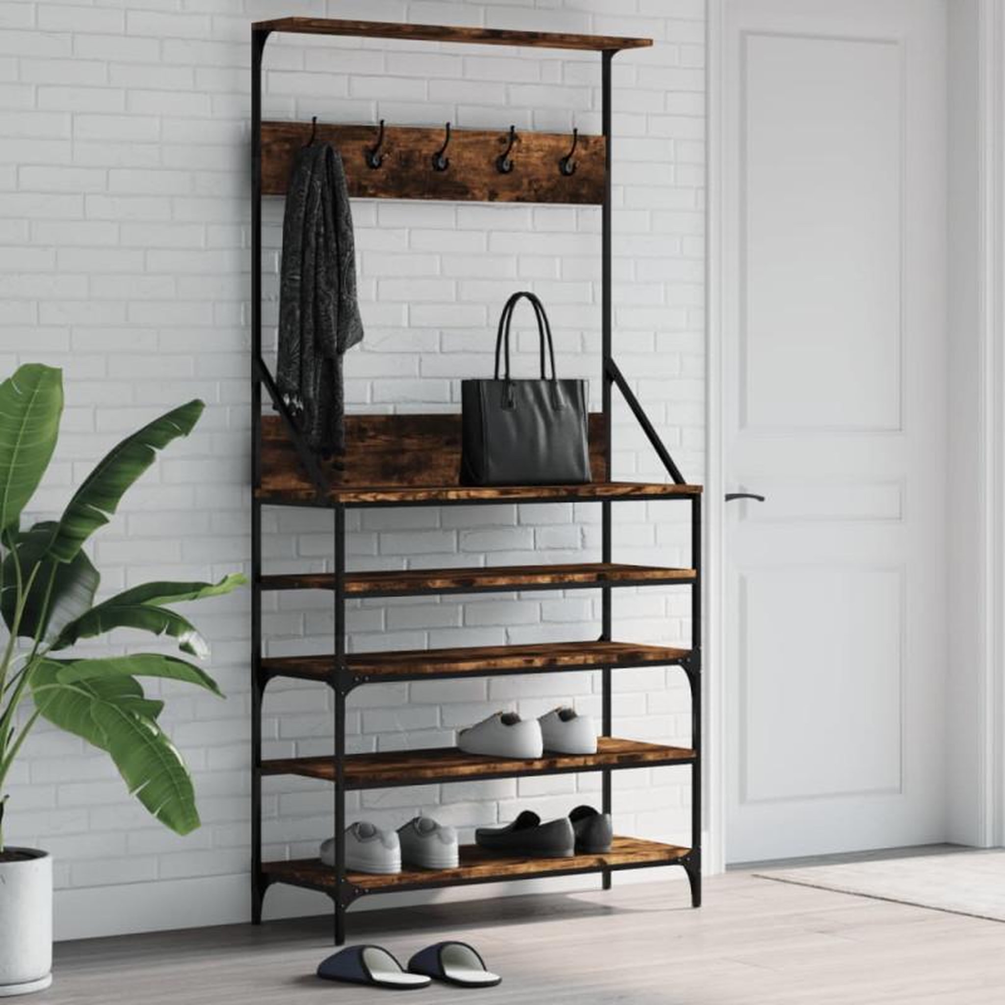 Voir la diapositive 1 : VIDAXL Porte vêtements et rangement des chaussures chêne fumé