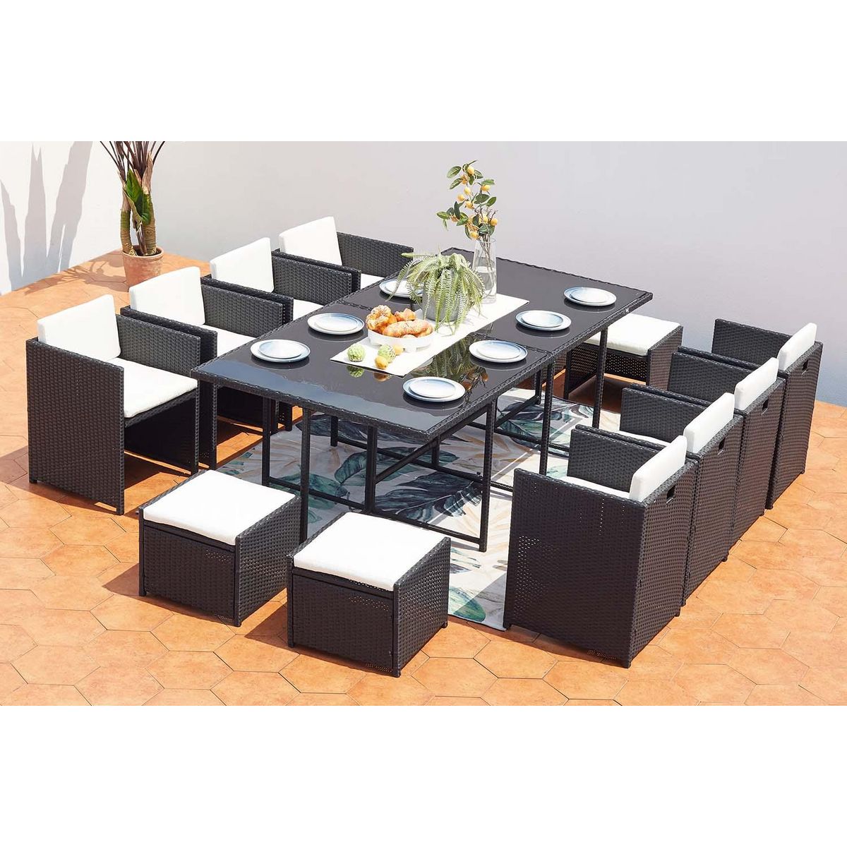 CONCEPT USINE Table et chaises 12 places encastrables résine noir-blanc MIAMI