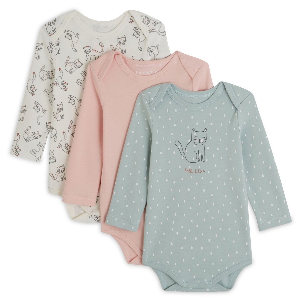 INEXTENSO Lot de 3 bodies manches longues chat bébé fille