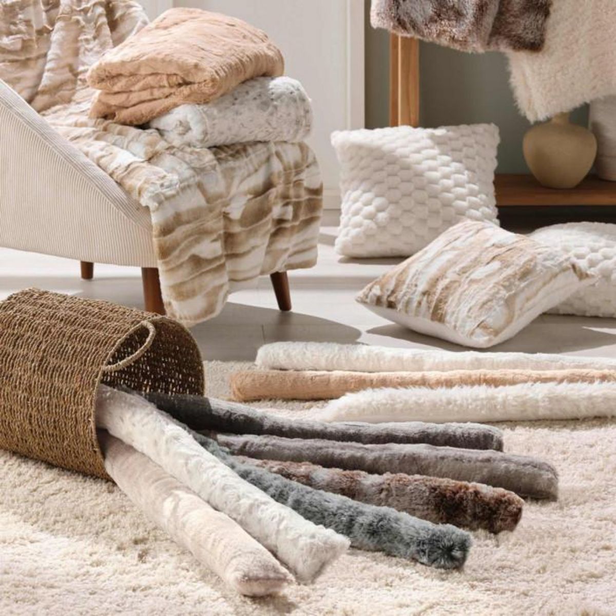 Paris Prix Boudin Bas de Porte Imitation Fourrure  Lynx  80cm Naturel