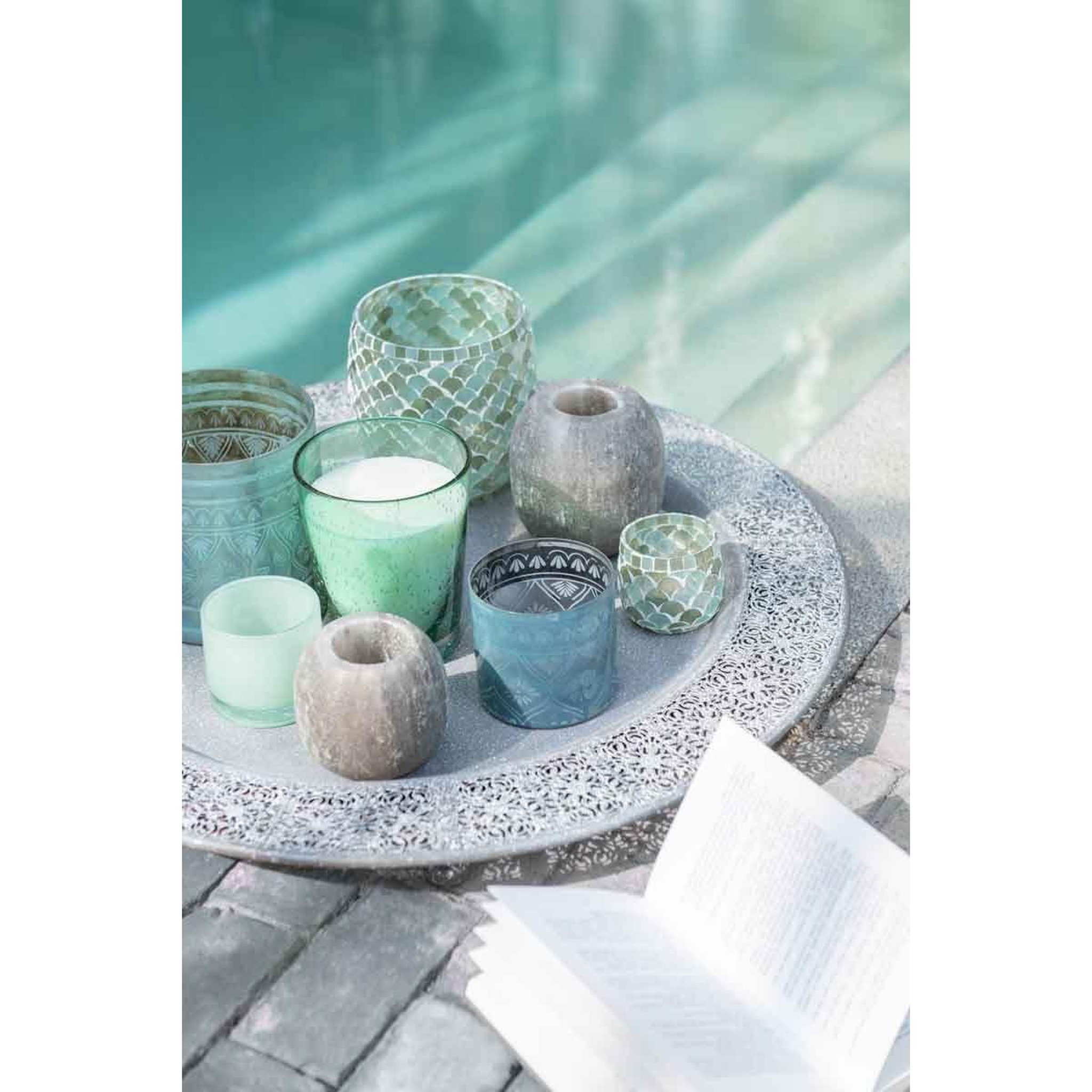Voir la diapositive 4 : J-LINE Photophore Design  Mosaïque  16cm Bleu Azur