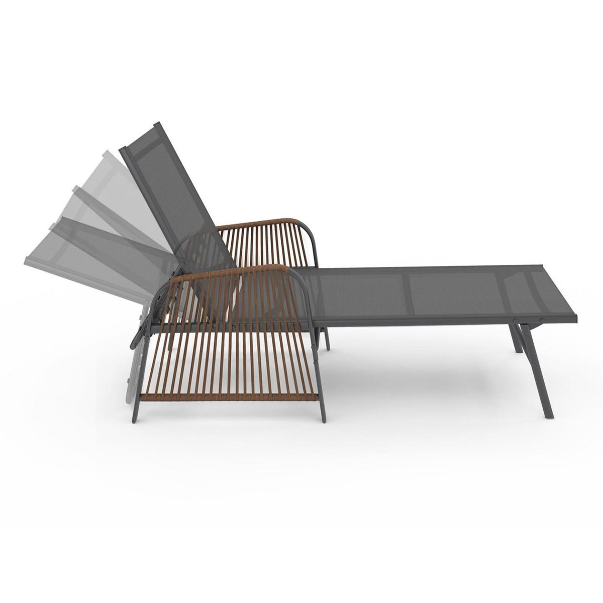 ID MARKET Lot de 2 transats de jardin inclinables RIO en acier gris anthracite, cordage effet rotin avec accoudoirs et toile grise