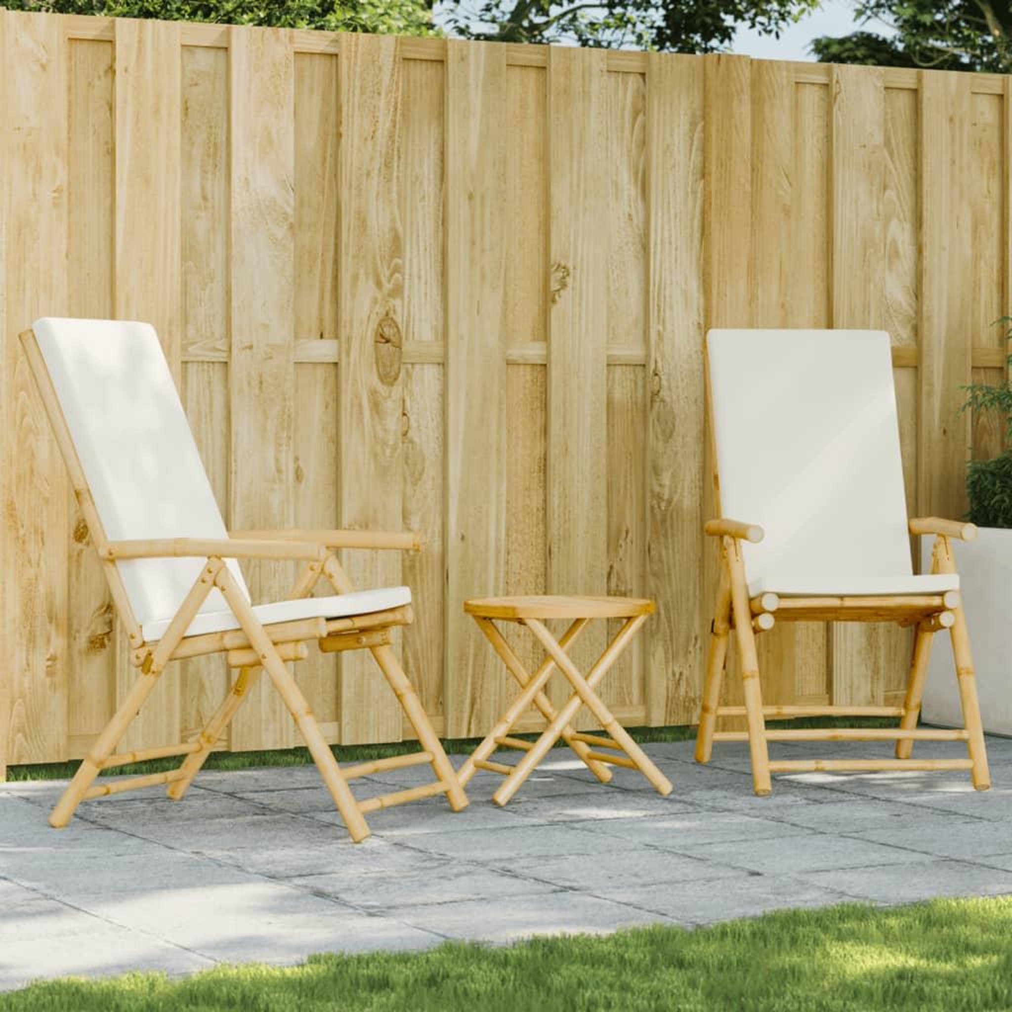VIDAXL Ensemble de bistro pliante 3 pcs et coussins blanc creme bambou