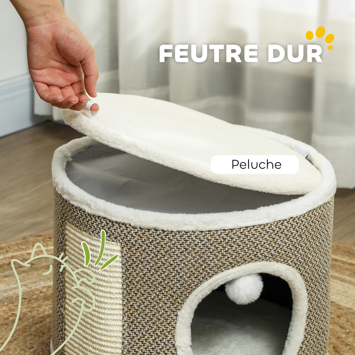PAWHUT Panier niche griffoir grattoir 4 en 1 - 2 coussins, pompon - sisal naturel peluche crème café