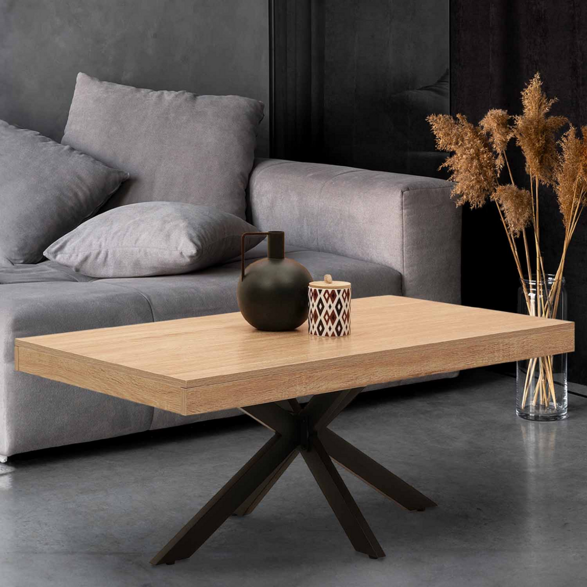 ID MARKET Table basse rectangulaire ALIX 110 cm pied araignée bois et noir