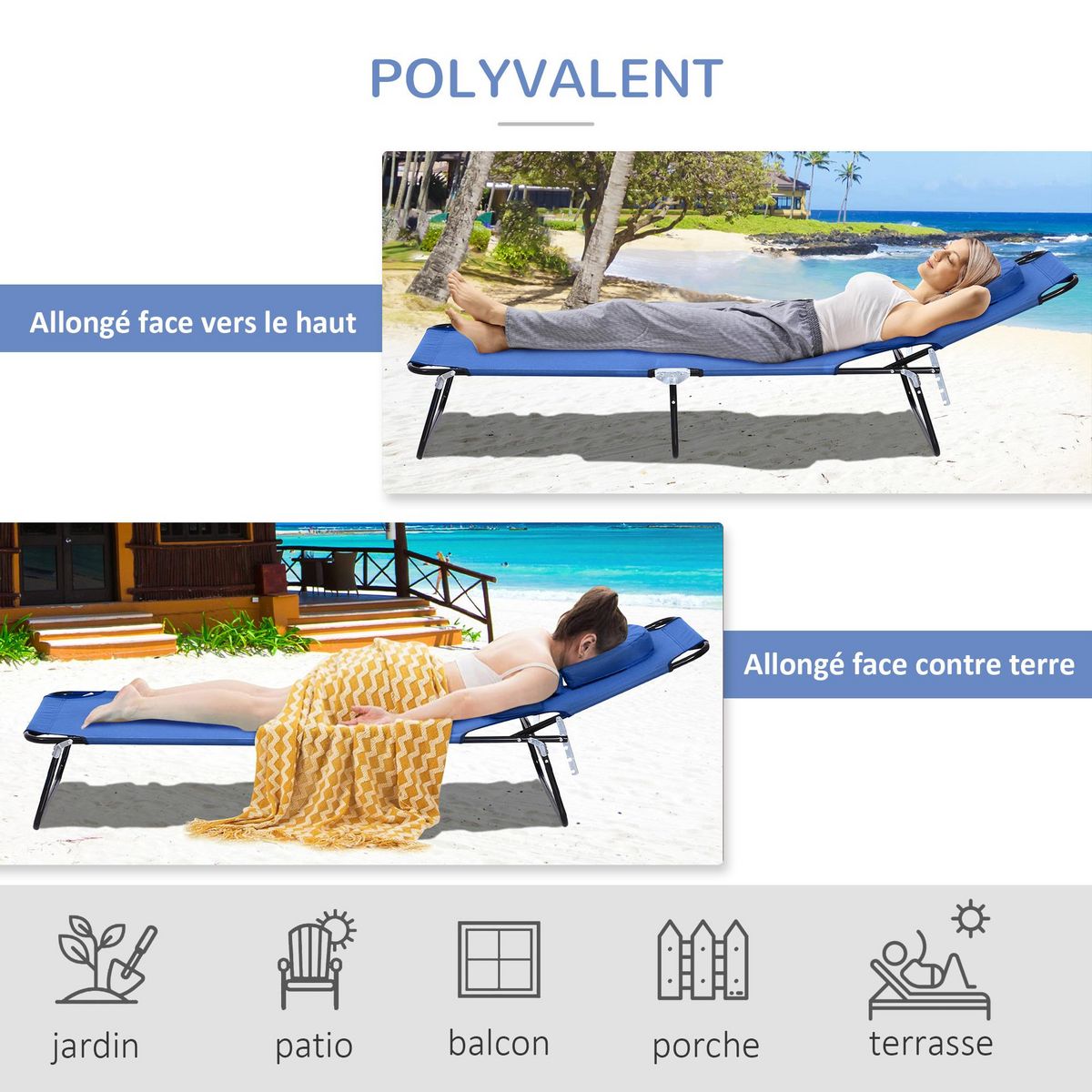 OUTSUNNY Bain de soleil pliable transat inclinable 4 positions chaise longue de lecture 3 coussins fournis bleu