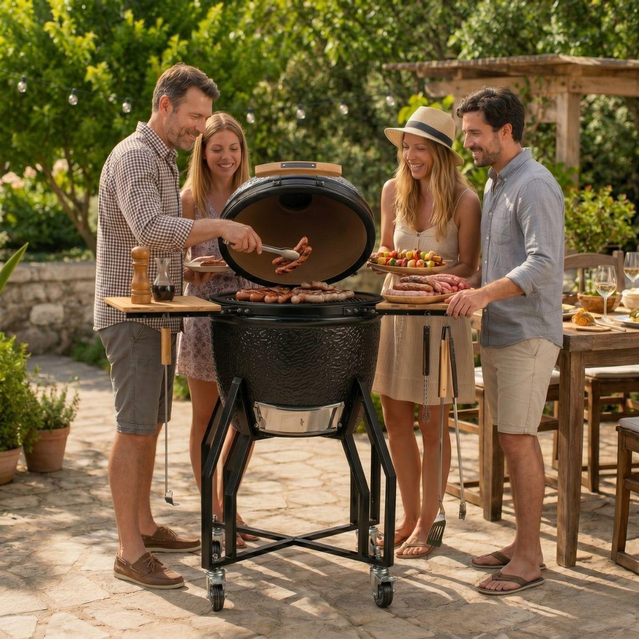 Voir la diapositive 3 : INTEC Barbecue à charbon de bois céramique kamado noir 2 zones de cuisson grill & fumoir ø56cm - barbecue mobile + 2 tablettes intec