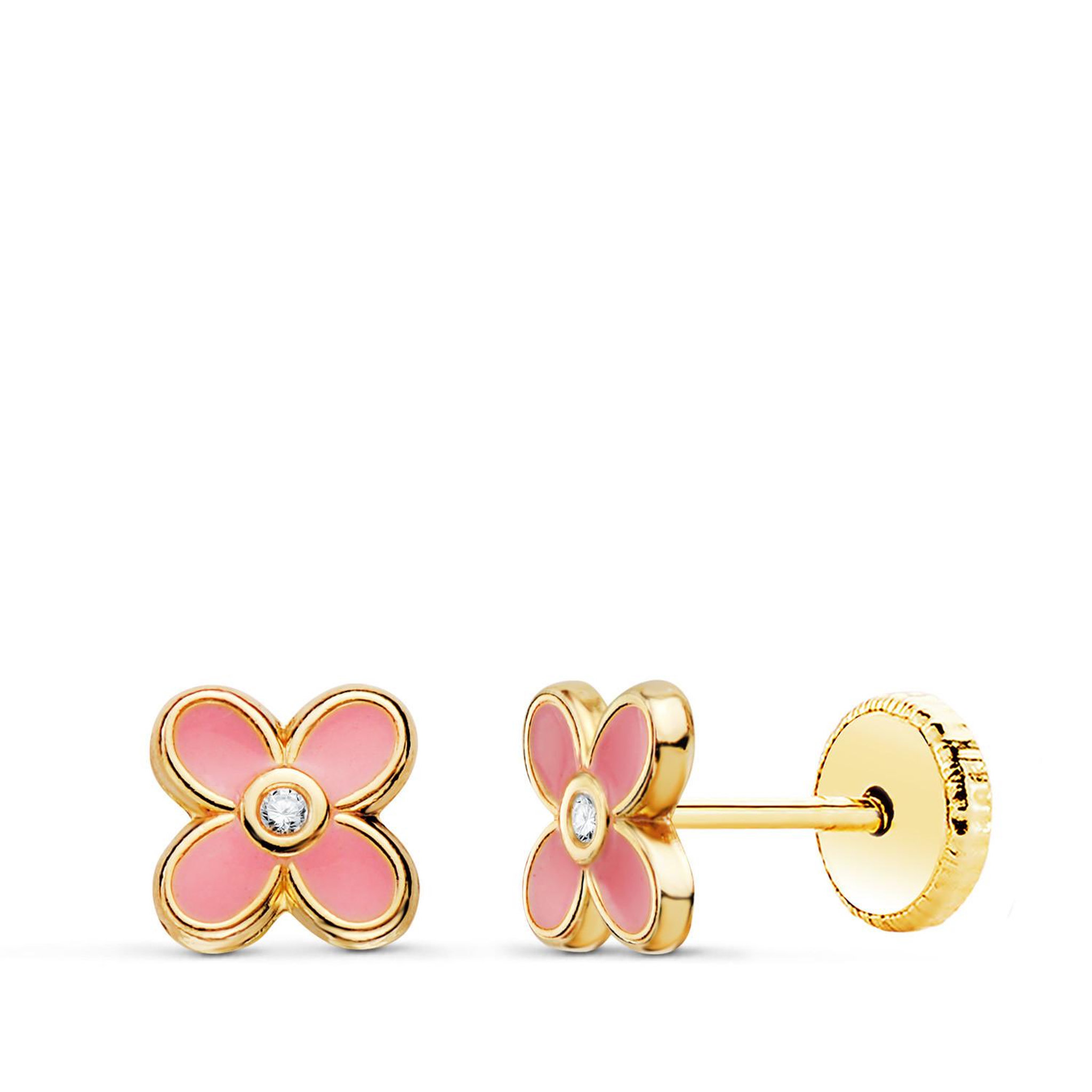 L'ATELIER D'AZUR Boucles d'Oreilles Or 18 Carats 750/000 Jaune Trèfle Émail Rose