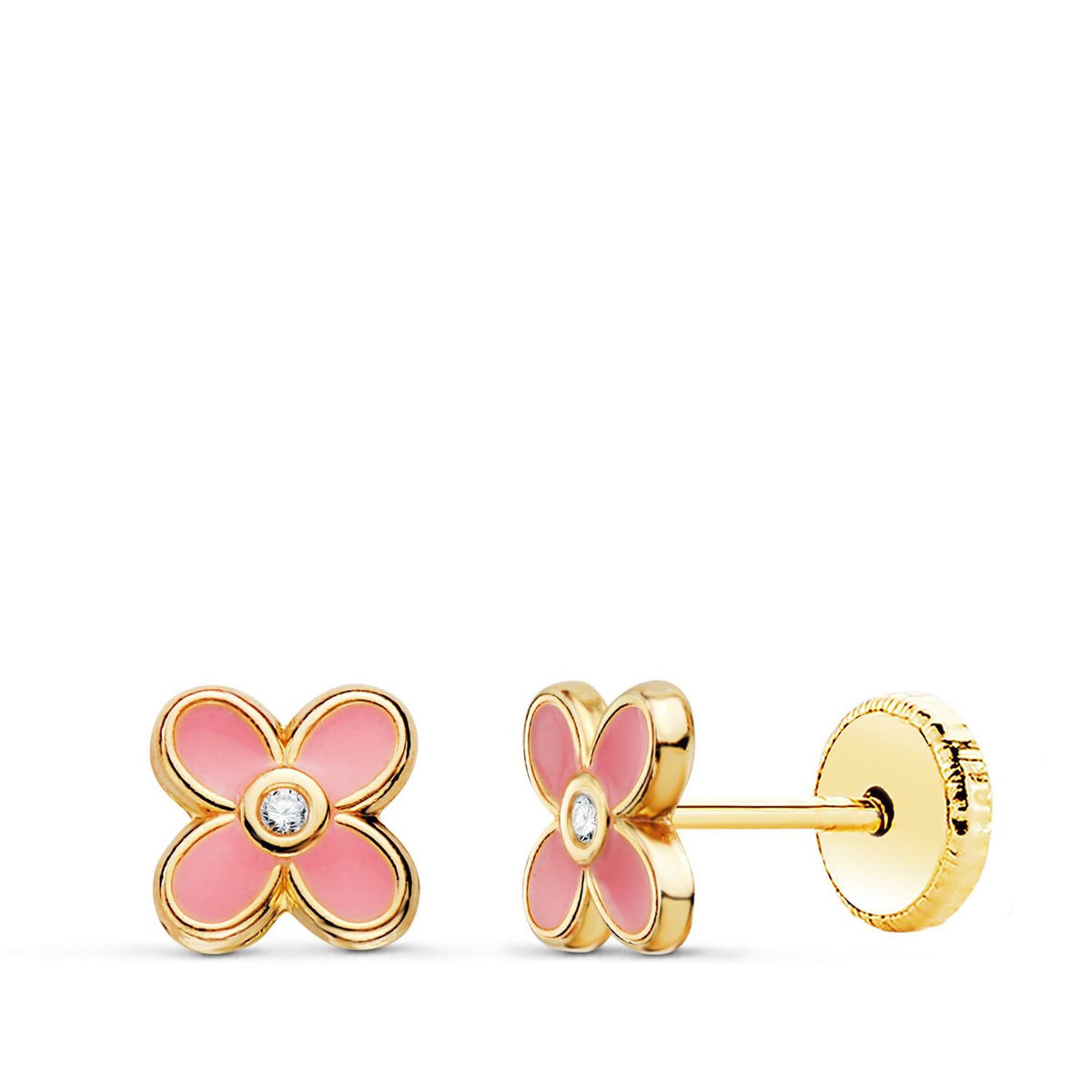 L'ATELIER D'AZUR Boucles d'Oreilles Or 18 Carats 750/000 Jaune Trèfle Émail Rose