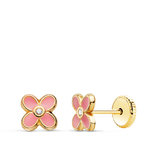 L'ATELIER D'AZUR Boucles d'Oreilles Or 18 Carats 750/000 Jaune Trèfle Émail Rose